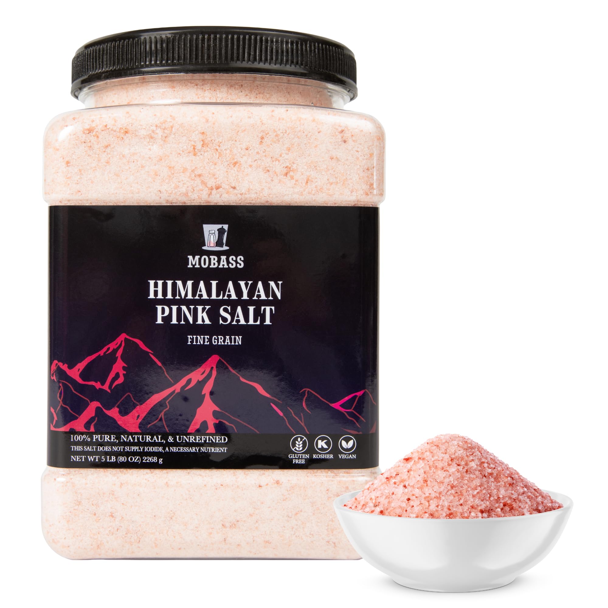 Mobass Himalayan Pink Salt Fine Grain, 5 lbs Jar | Pure Natural Rock Salt | Bulk Fine Grain Pink Salt for Cooking, Baking, Seasoning & Meal Prep |