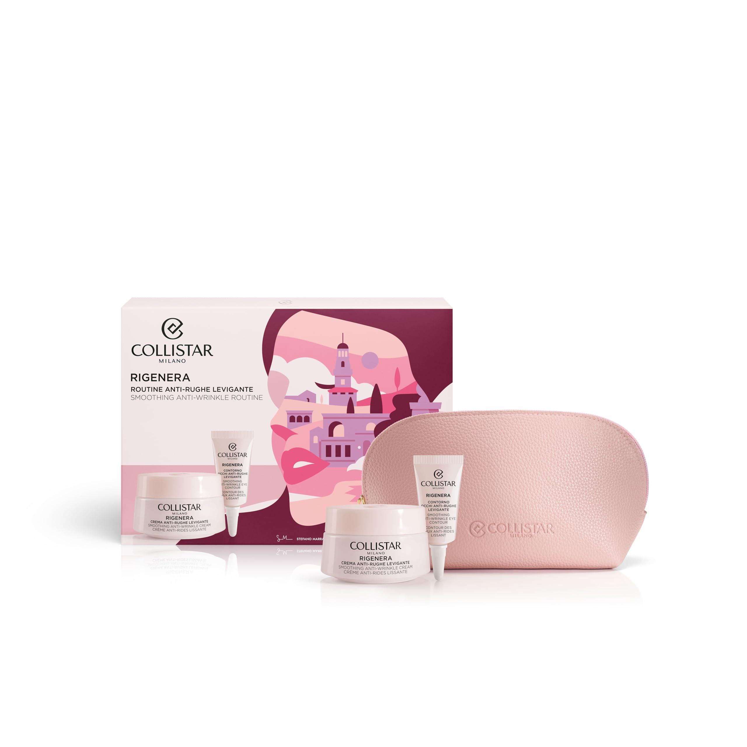 Collistar Rigenera Cofanetto Donna, Kit Viso Regalo con Pochette e Trattamento Antirughe Levigante, Kit Viso per una Pelle Luminosa e Levigata, Crema Viso 50 ml + Contorno Occhi 5 ml