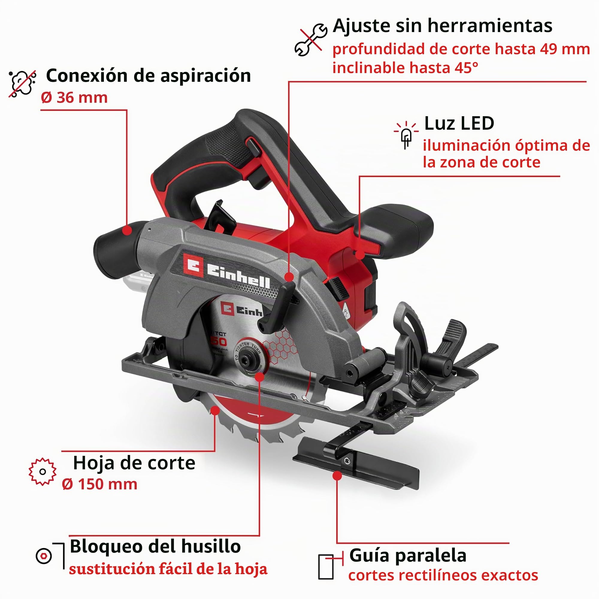 Einhell batería sierra circular manual TE-CS 18/150-2 Li Solo Power X-Change (18 V, hoja de sierra: Ø150 mm, profundidad de corte: 49 mm, ajuste sin herramientas, sin batería)