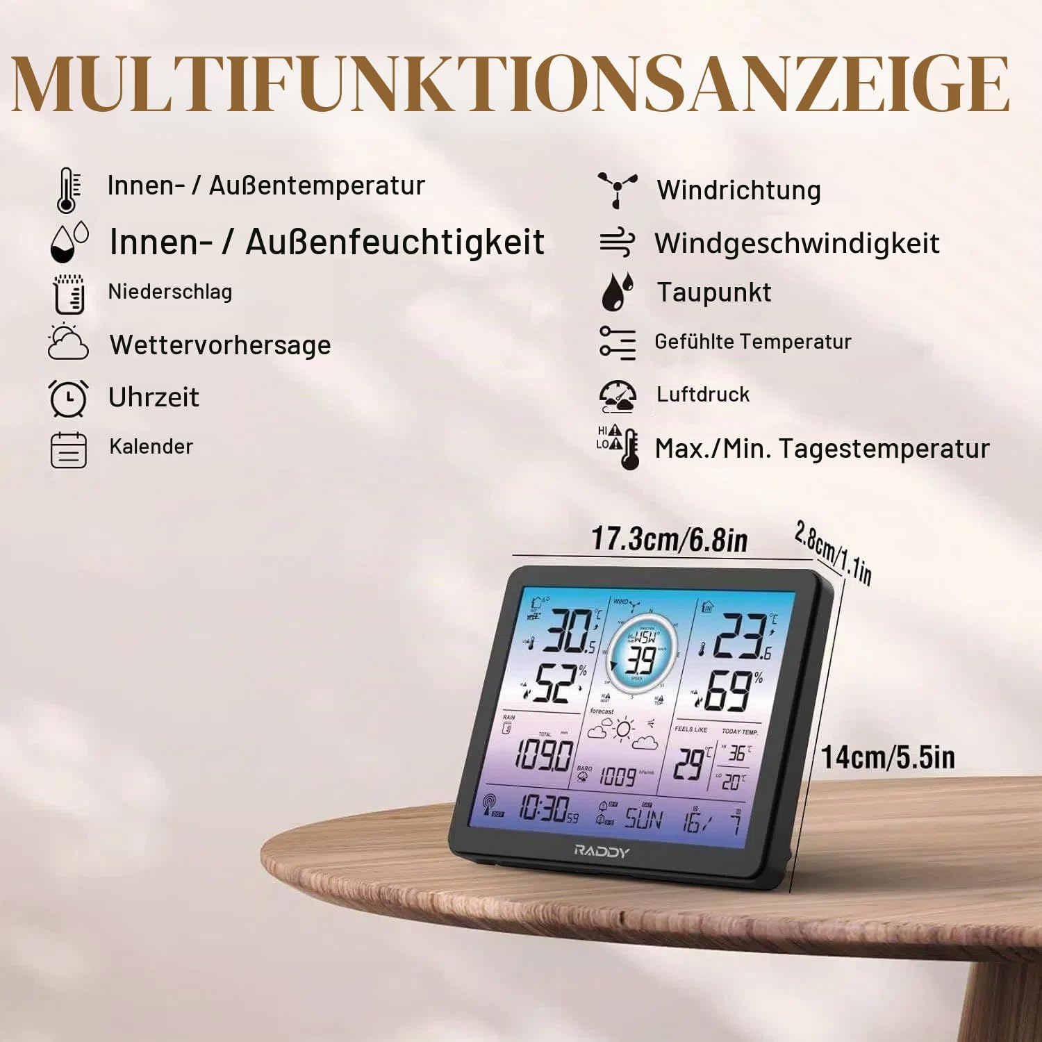 Raddy VP7 Wetterstation Funk Innen Außen Thermometer Professionell, 7,4'' Digitales Display in Lila, Funkuhr, Temperatur- und Feuchtigkeitsmonitor, Wettervorhersage und Luftdruck