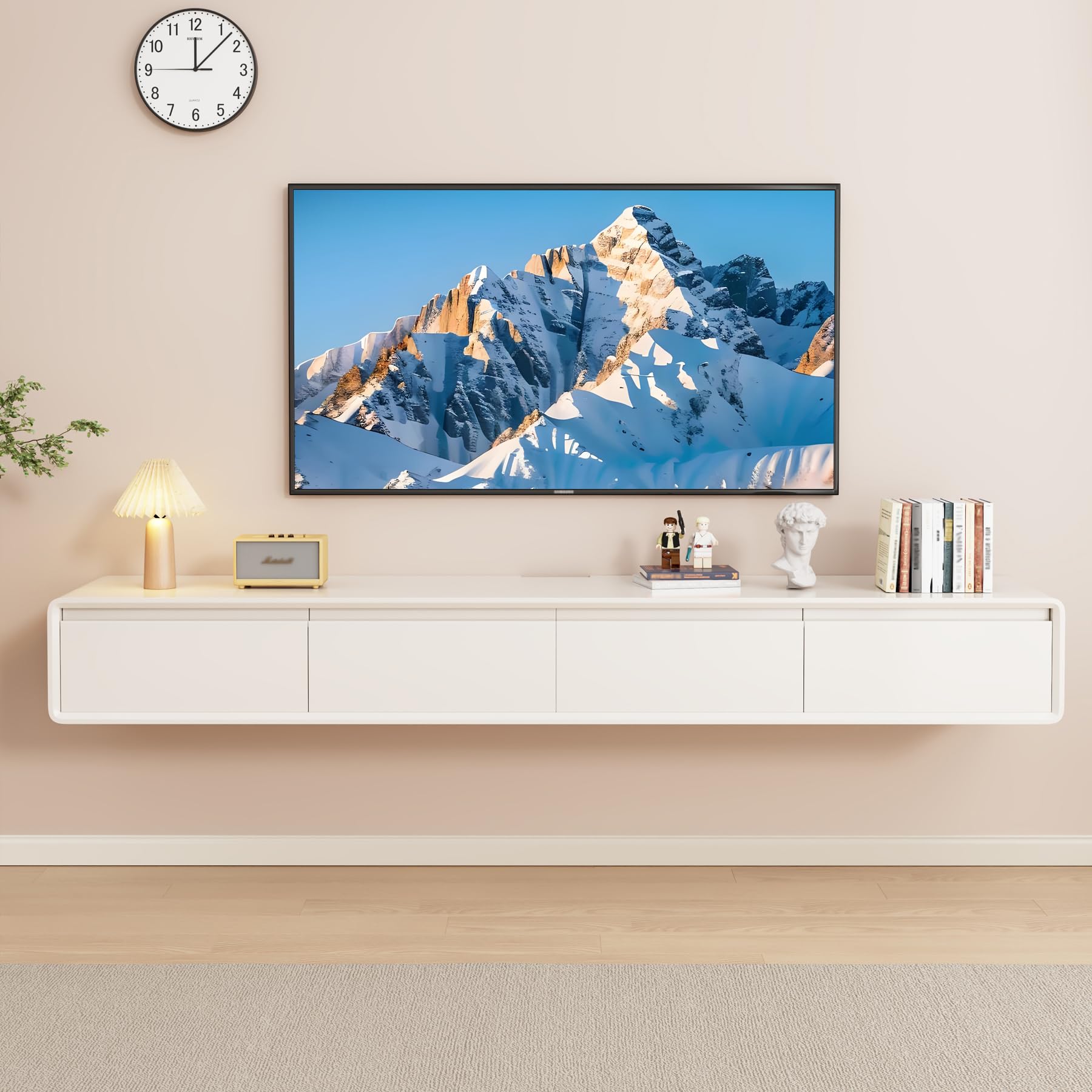 Mobile TV sospeso in legno massello, 160/200/240 cm, mobile TV sospeso, con 2 cassetti (bianco, 160 cm)