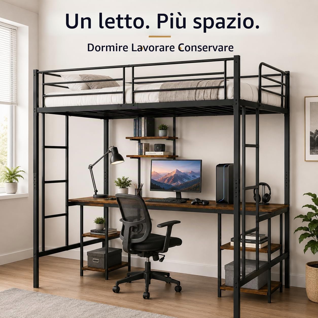 EGGREE Letto a Soppalco 140x200 cm con Scrivania e ripiano, Nero