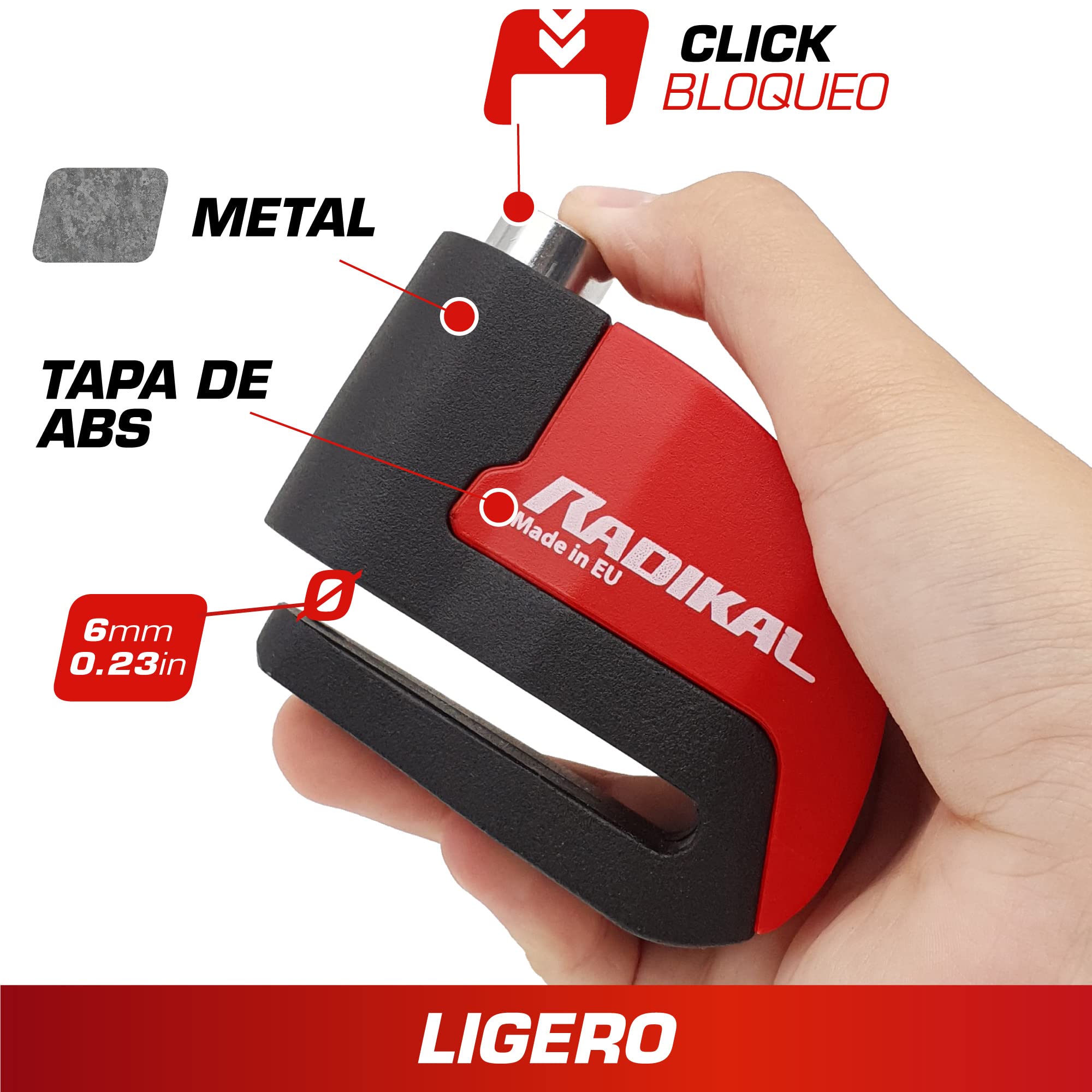 RADIKAL RK6 Candado Moto Disco Alarma 120db, Boton ON, Warning Avisador, Módulo Remplazable Impermeable, Pila CR2 Larga Duración, Antirrobo Pinza Freno Universal para Motos Scooter Bicicleta Patinete