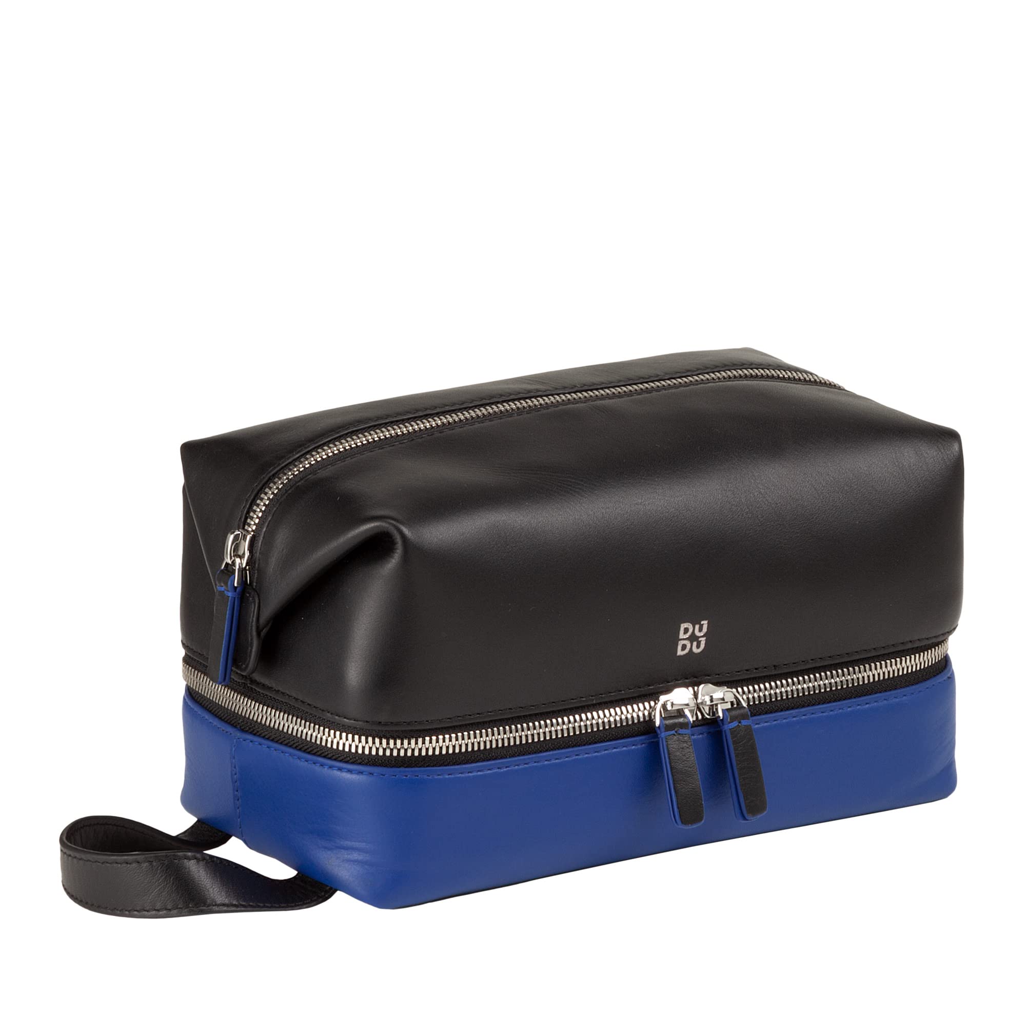 DUDU Beauty Case da Viaggio Uomo Donna, Borsa da Toilette in Pelle Colorata a Mano, 2 Scomparti con Maniglia Nero