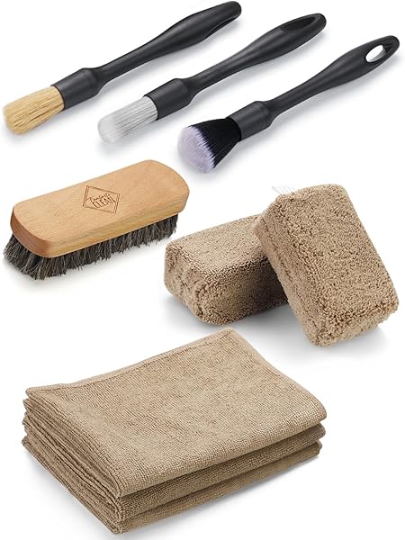 Fantasticlean 9PCS Car Interior Detailing Set, Microfiber Cloth & Applicator, Single-Head Detailing Brushes, Natural Bristles, Scratch-Free & Ultra-Soft for Seats Leather Care or Cleaning