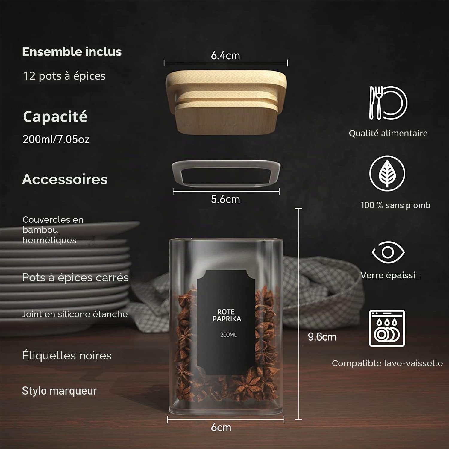 Finew Set de pots à épices carrés -12x200ml, bocal epices verre avec couvercle en bambou, bocaux de stockage en verre hermétiques avec étiquettes et marqueurs, bocaux pour conserver les épices herbes