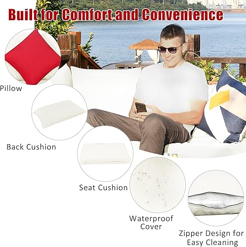 Miniatura 6 de Tangkula Juego de 7 muebles de ratán para patio, juego de conversación al aire libre Patiojoy con cojines y mesa de café de vidrio templado, juego