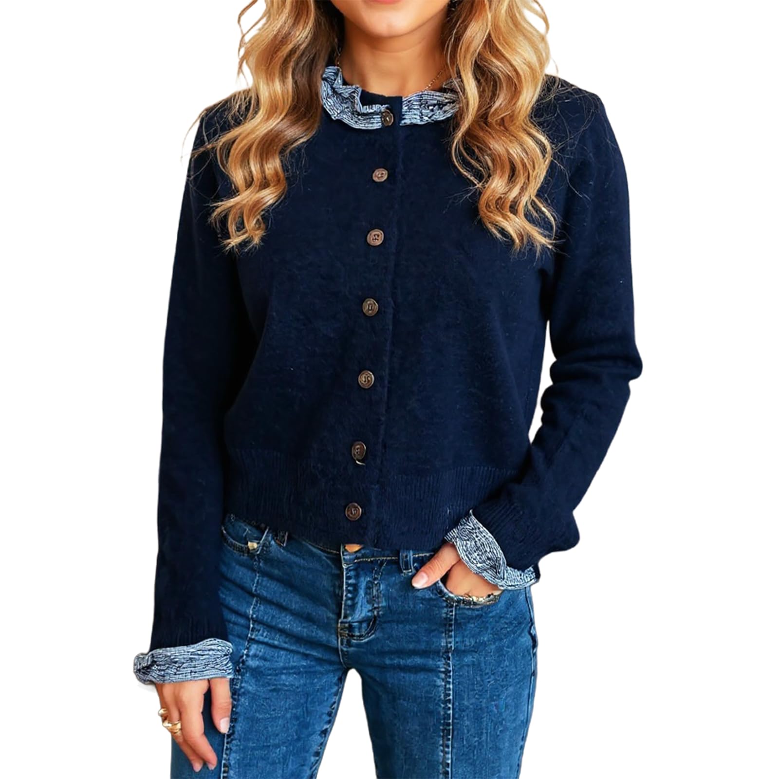 Cropped Cardigan Sweaters for Women Button Down Long Sleeve Solid Color Ruffle Patchwork Knit Fall Cardigan