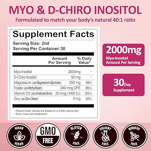 Miniatura 4 de Suplemento de mio-inositol y D-chiro inositol para mujeres, relación 401 equilibrio hormonal con folato, magnesio, vitamina D3, apoyo ovárico,