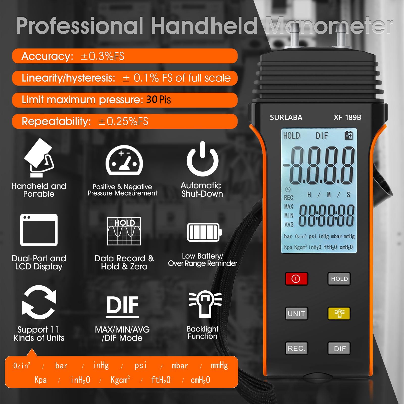 Manómetro Medidor Presión de Gas, Differential Pressure Gauge Digital Rango Medición 30Psi con 11 Unidades Seleccionables, Probador Vacío Aire para Presión Diferencial 1-2 Tuberías, HVAC