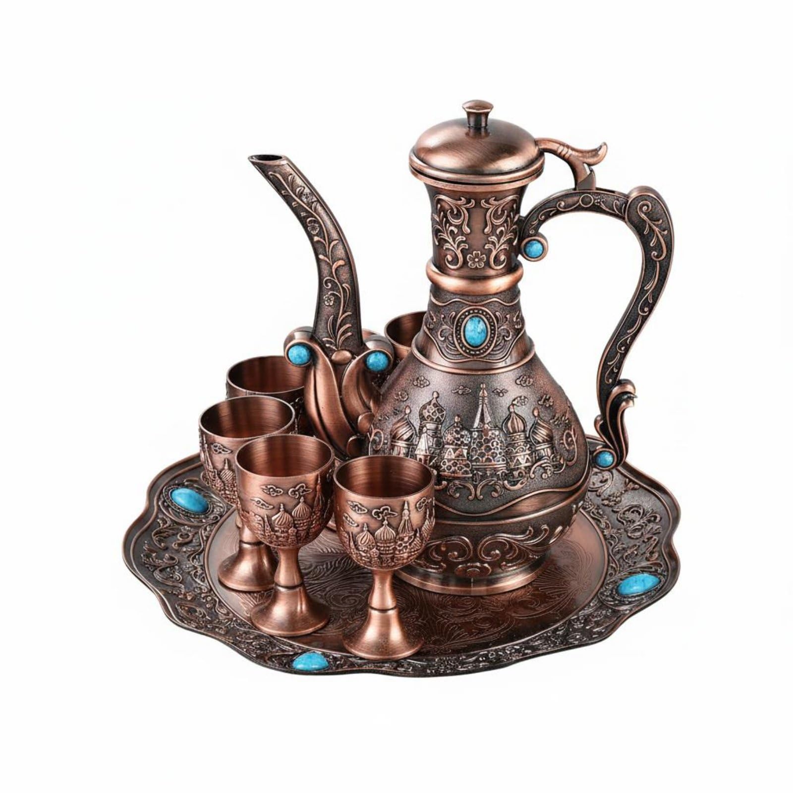 Qianly Bicchiere di Bronzo Set Vassoio Caraffa Bicchieri Calici Set per in Lega di Zinco con Accenti Profondi E Aspetto d'Epoca per Esposizione Elegante E, Antique Copper