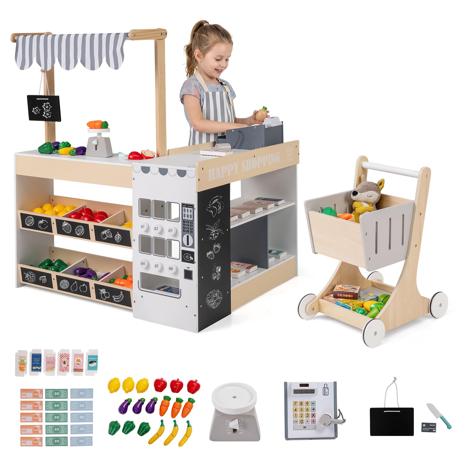 DREAMADE Kaufladen Kinder, Kaufmannsladen Holz mit Einkaufswagen | Einkaufsladen Klein mit Licht & Sound, Interaktives Supermarkt mit Kasse, Obst, Gemüse, Tafeln, Marktstand für Kinder ab 3 J