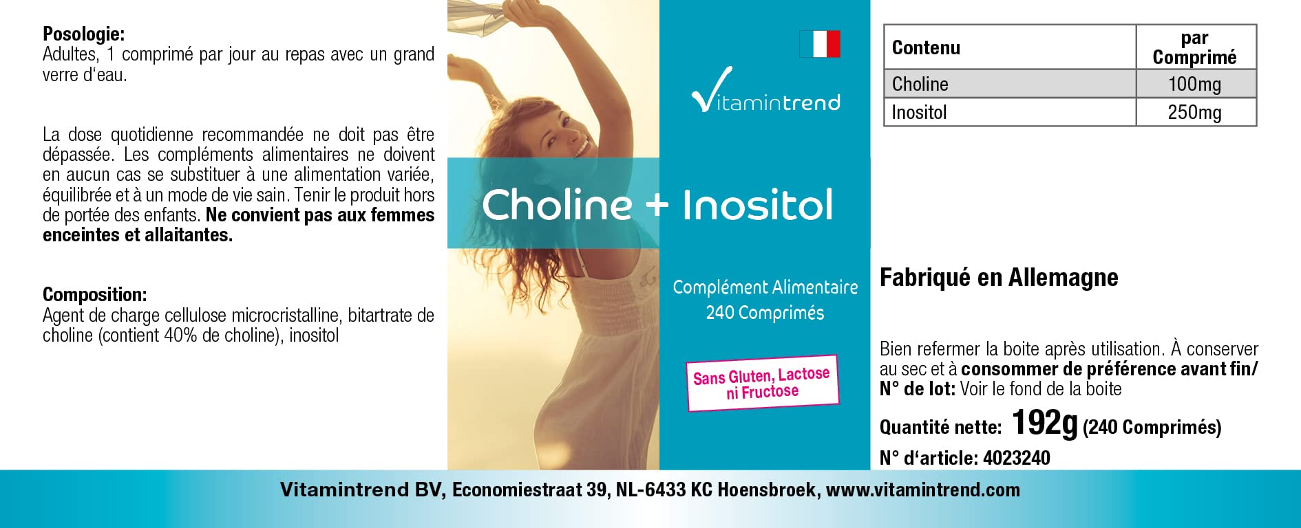 Vitamintrend Choline 100 mg + Inositol 250 mg, 240 comprimés, complément alimentaire végan sans stéarate de magnésium, fabriqué en Allemagne