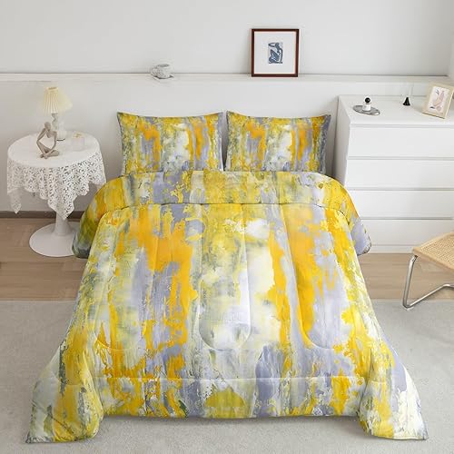Erosebridal Juego de edredón de teñido anudado amarillo, tamaño Queen, juego de ropa de cama degradada, gris, abstracto, grunge, juego de edredón de