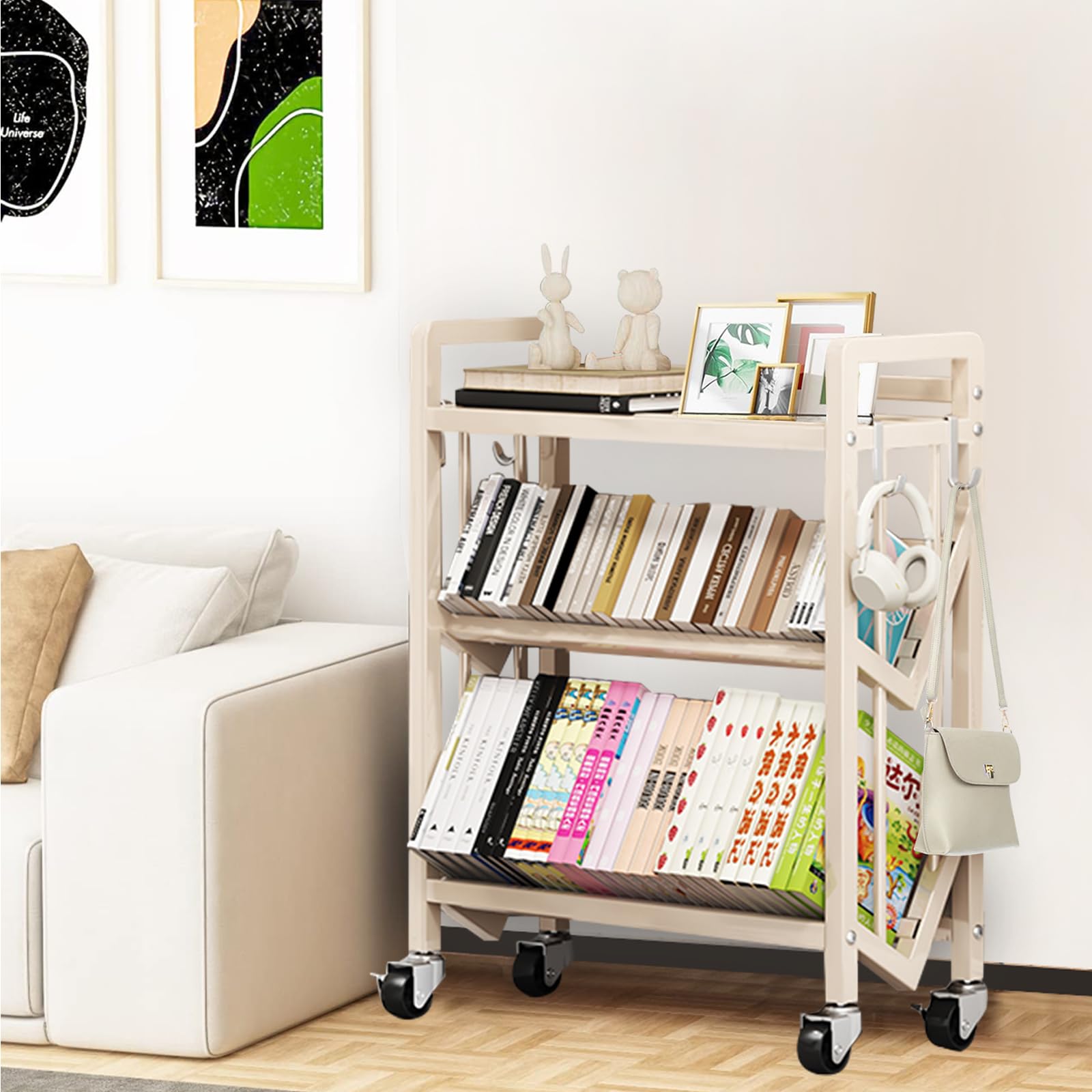 Estanteria Libros con Ruedas, Estantería Metálica de 3 Niveles, 50x25x81.5cm, con Ganchos Desmontables y Ruedas con Freno, para Hogar, Oficina, Aula (Blanco)