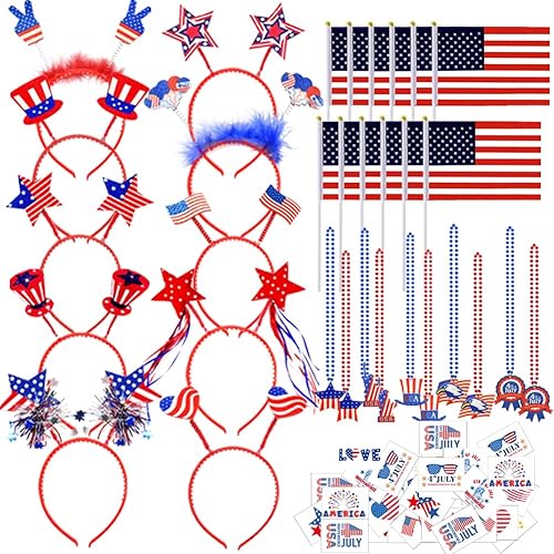 UMEELR 104 piezas de suministros patrióticos para fiestas, accesorios del 4 de julio con collares, diademas, banderas, calcomanías de tatuaje para