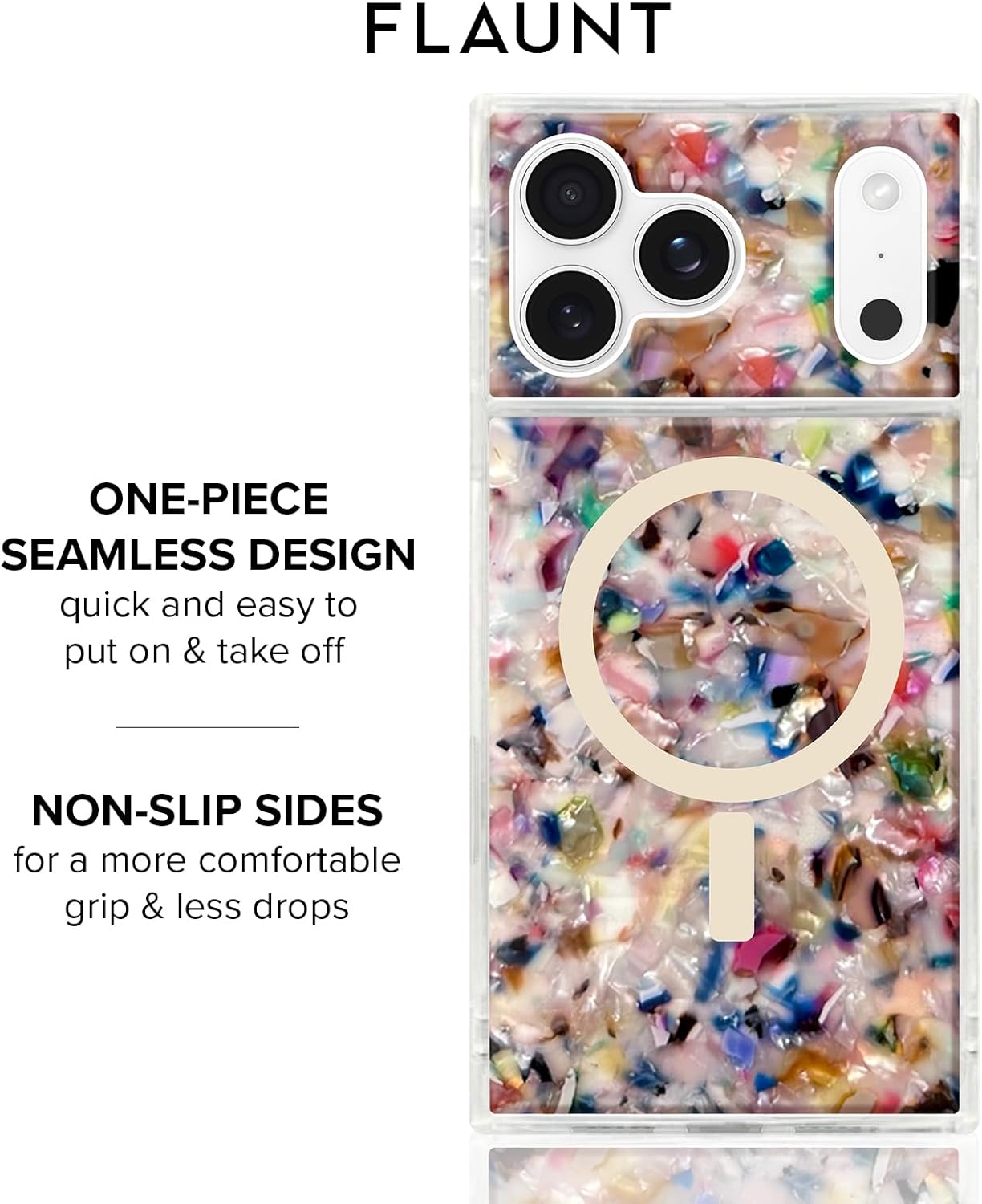 Flaunt Official Square Protective Case - Compatible with iPhone 17 Pro Max - Compatible with MagSafe & Wireless Charging - Drop-Tested & Shockproof - (Rainbow Confetti Tortoise Shell)