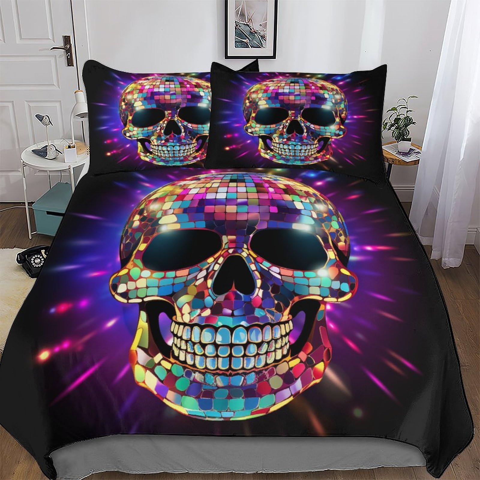 Parure de lit crâne housse de couette 3D 220x240cm avec 2 taies d'oreiller en microfibre pour ado