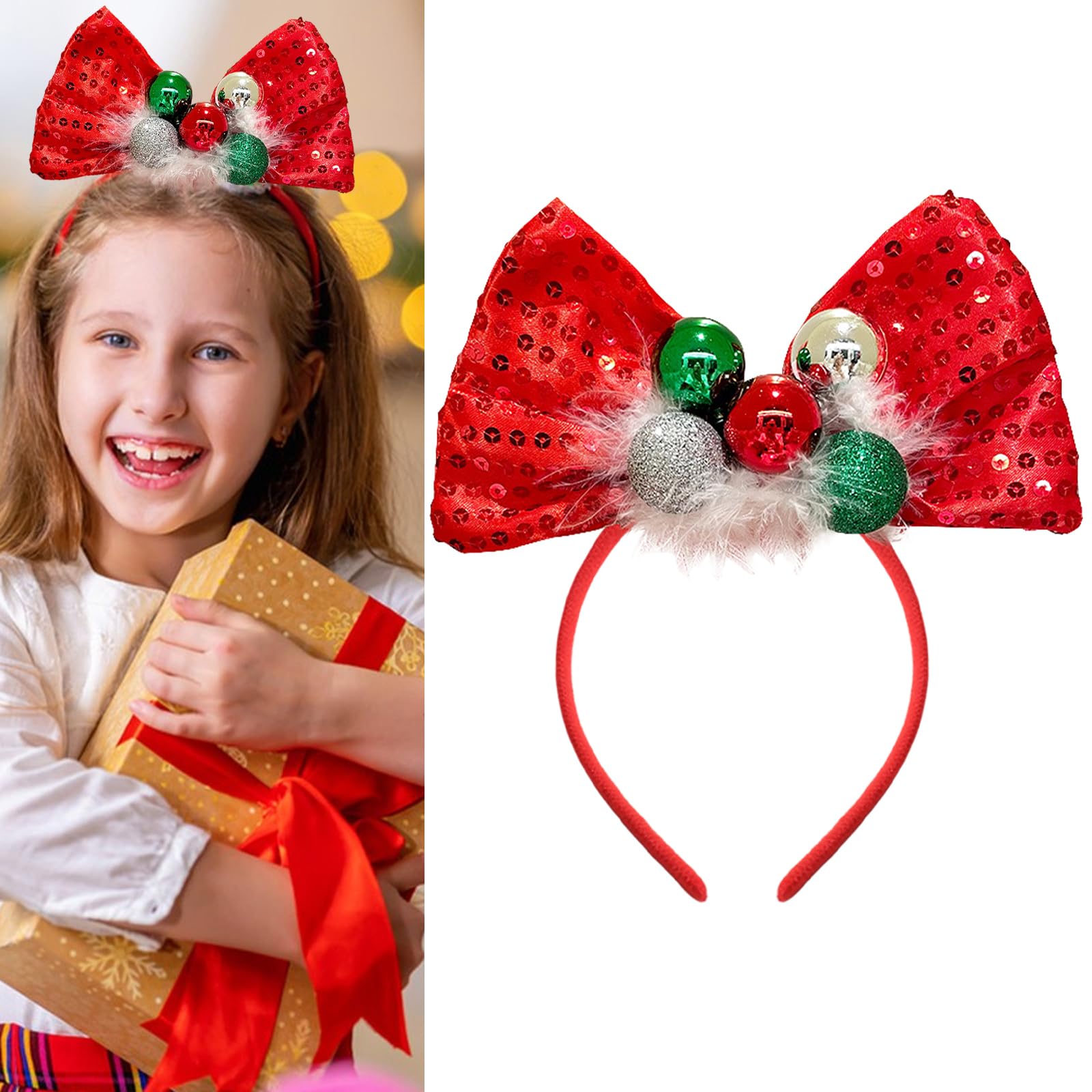 Xepeelo Happy Christmas Bow Headband Red Bow Hairband Xmas Hair Hoop Red Shinny Glitter Hair Band Design Green Bell Bowknot Headdress Christmas Party Photo Props Head Wear Gift for Hair Decoration