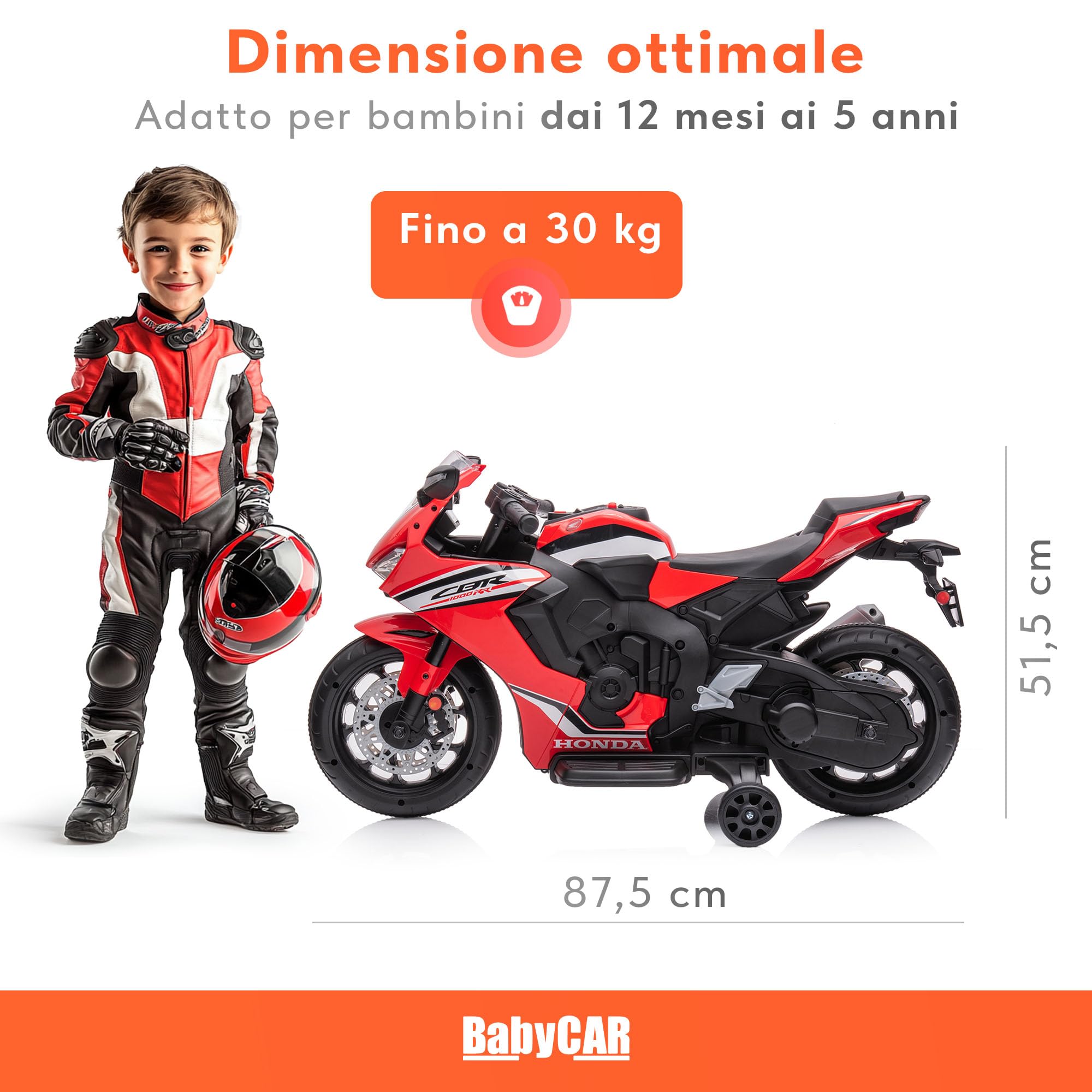BabyCar Moto Elettrica Bambini Honda CBR 12V | Moto Elettrica Bambini 3-5 Anni con Luci, Suoni e Rotelle Stabilizzatrici | Batteria 12V 3,5Ah, Motore 30W e Acceleratore a Pedale | Rosso