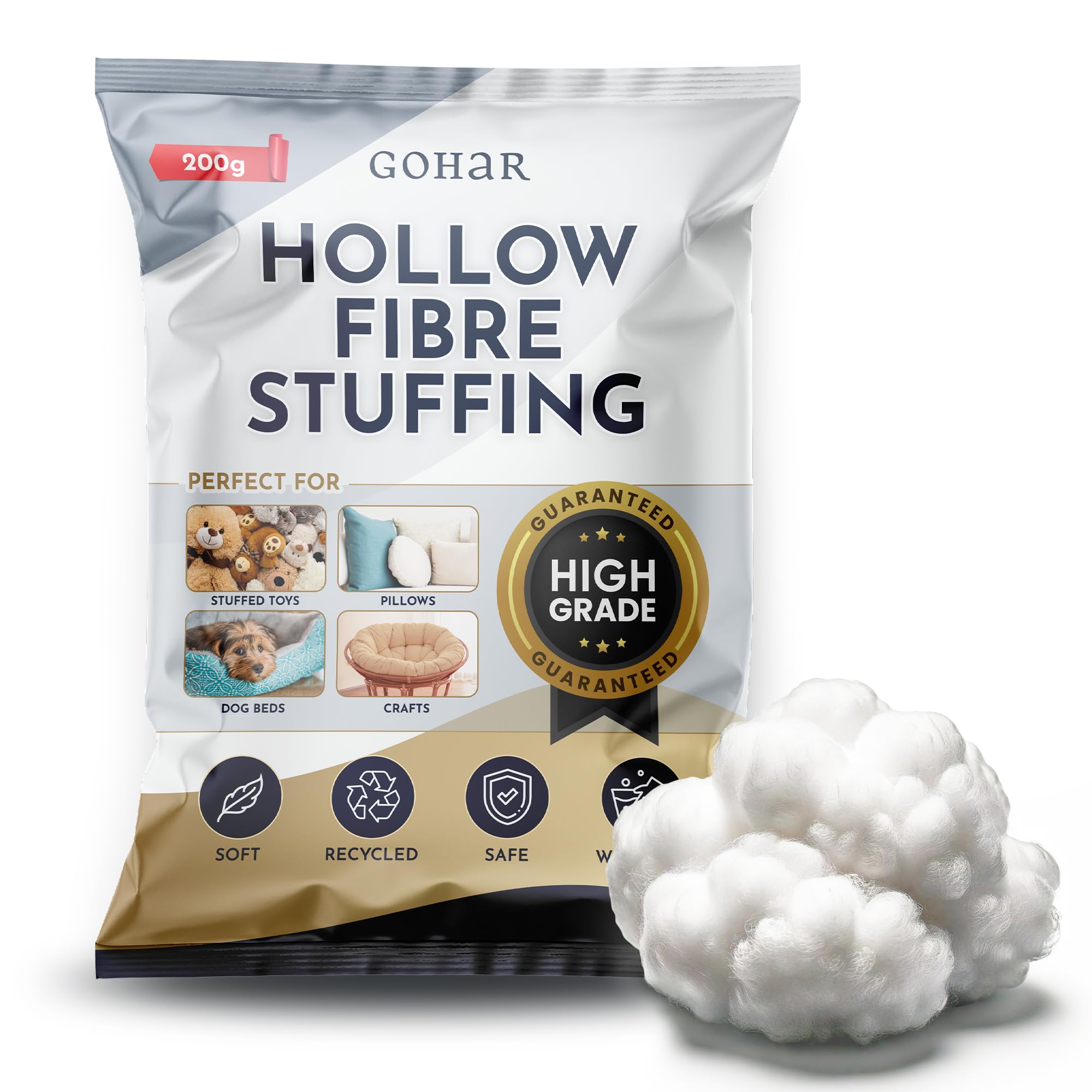 Gohar Home White Gohar High Grade - Hollow Fibre Stuffing/Filling/Fill Toys, Pillows, Cushion Covers (200 Grams)