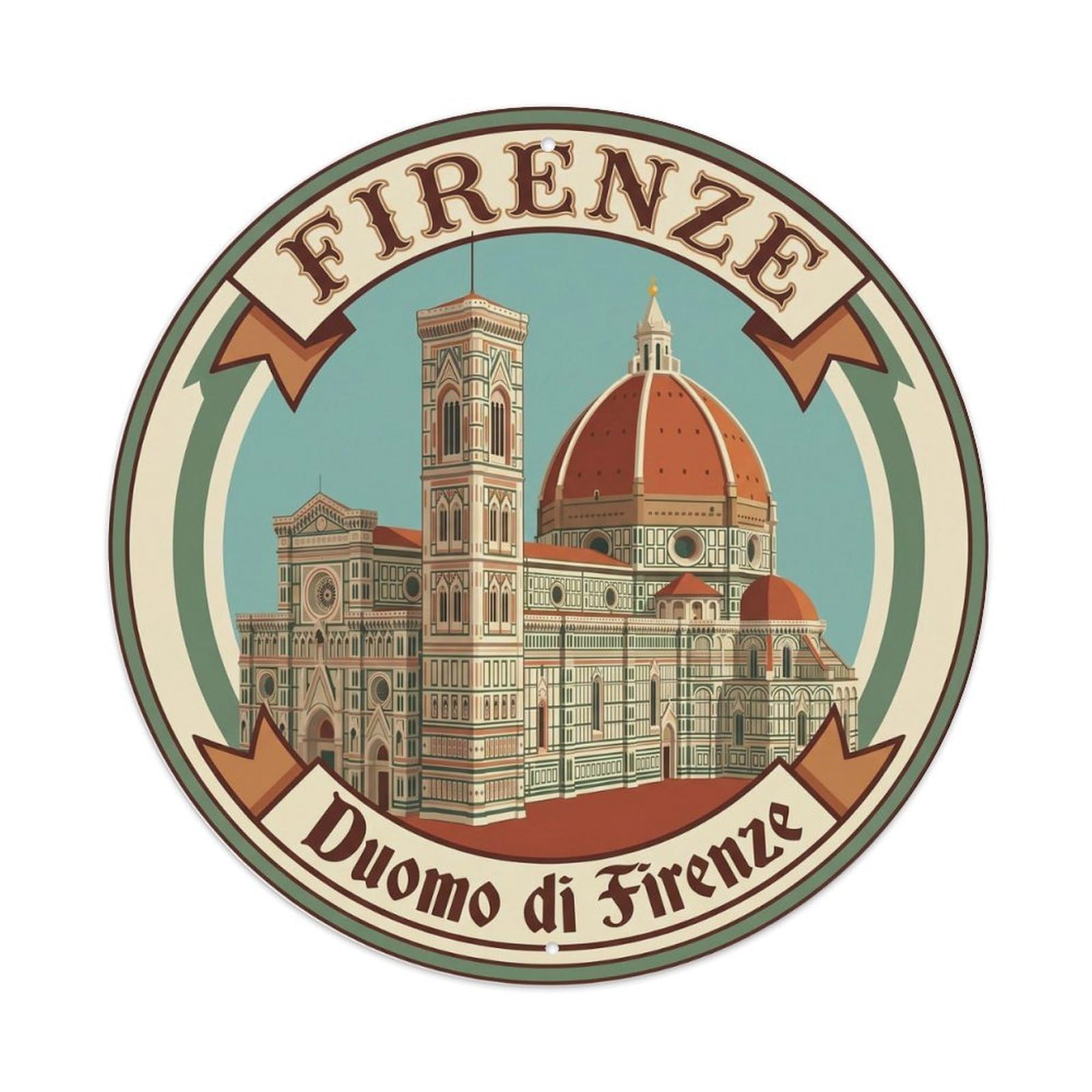 Vintage Travel Florence Cathedral Dome Metal Tin Sign Plaque Wall Decor for Cafe, Club Bar, Office, Home Garden Round Metal Poster 8x8Inch