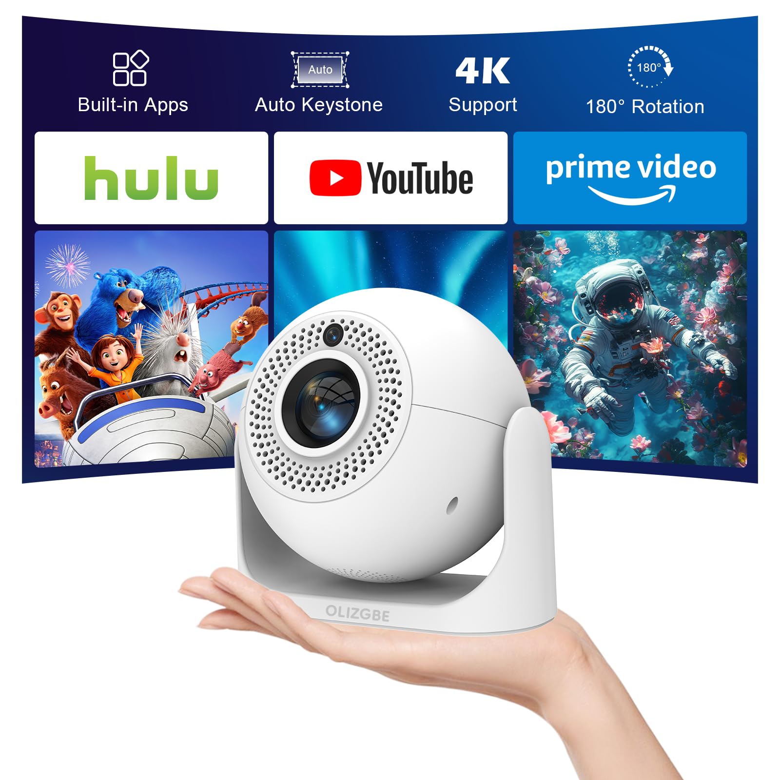 Mini Projector with WiFi and Bluetooth Built-in Apps Portable Projector Support 4K 180 Rotatable Auto Vertical Keystone Auto