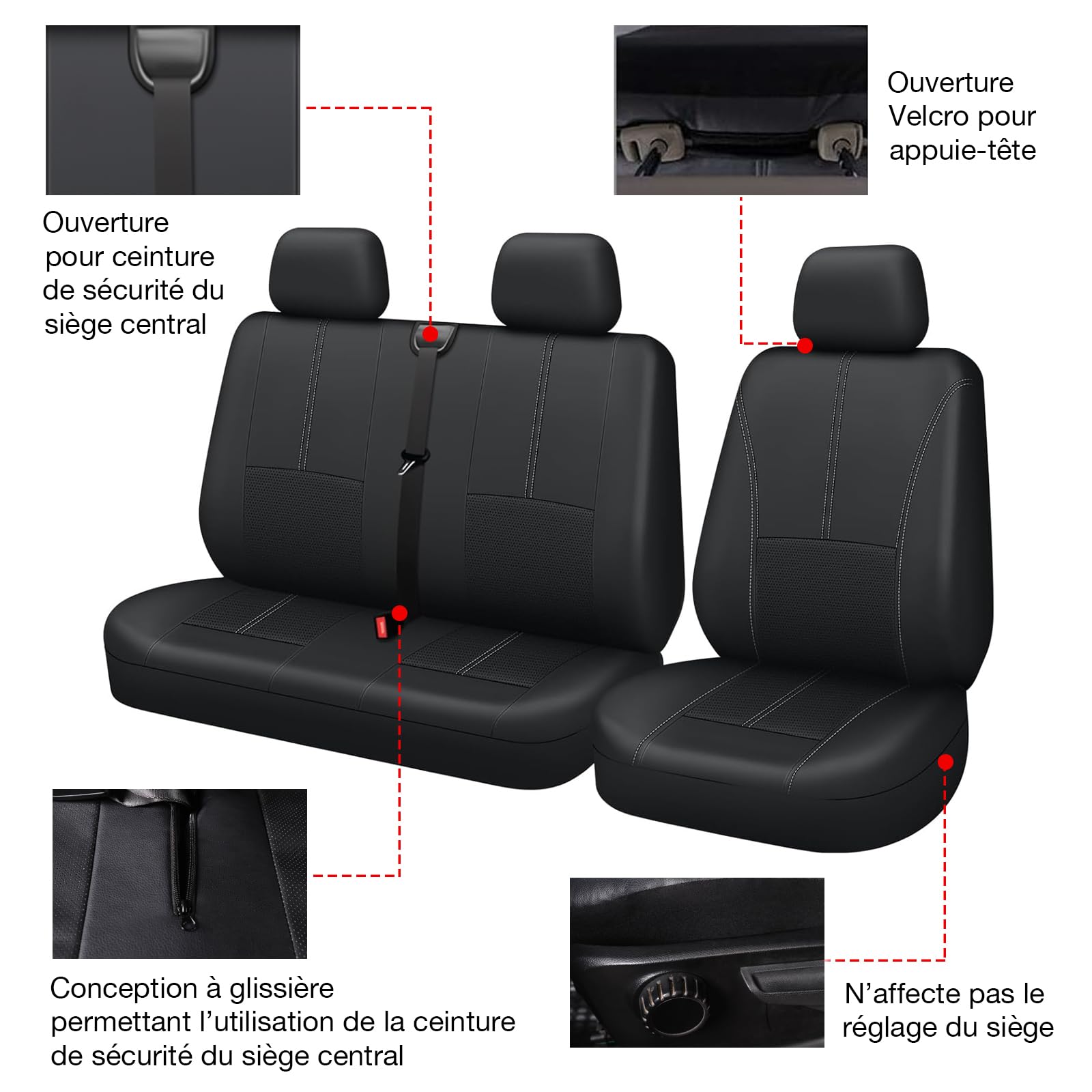 Housse de Sièges Universelles pour Camionnette Couverture de Siège de Camion, Ensemble De Housses 1+2 Faux Cuir pour Le siège Avant de conducteur de Van et Le siège Double de Passager Protection