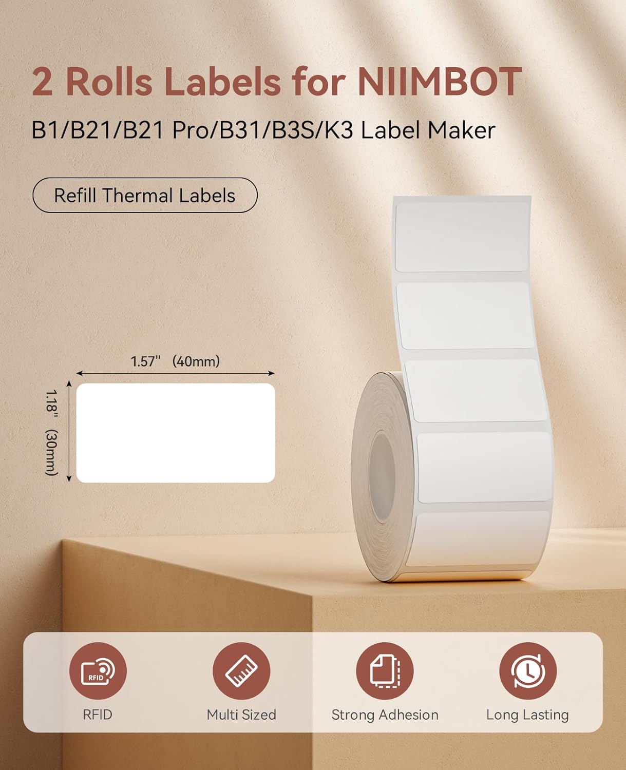 NIIMBOT 2Rolls Labels for B1 B21 B21 Pro B3S B31, 1.57'' x 0.79'' (40x20mm) Label Maker Tape, Waterproof, Oil-Proof and Tear-Proof Thermal Printer Labels, Black on White - Image 2
