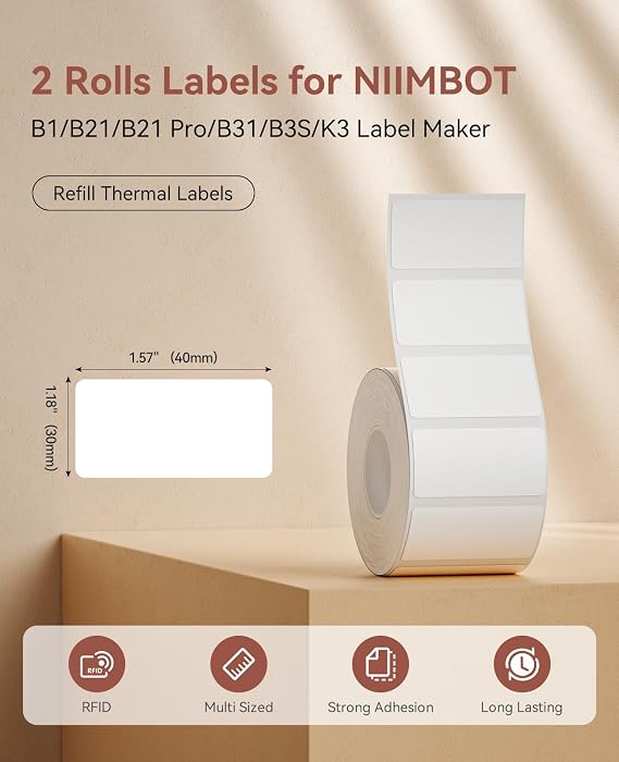 NIIMBOT 2 Roll Thermal Labels for B1/B21/B31/B3S, 1.57'' x 0.79'' (40x20mm)