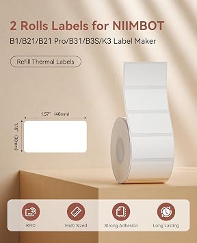 NIIMBOT 2 Roll Thermal Labels for B1/B21/B31/B3S, 1.57'' x 0.79'' (40x20mm)