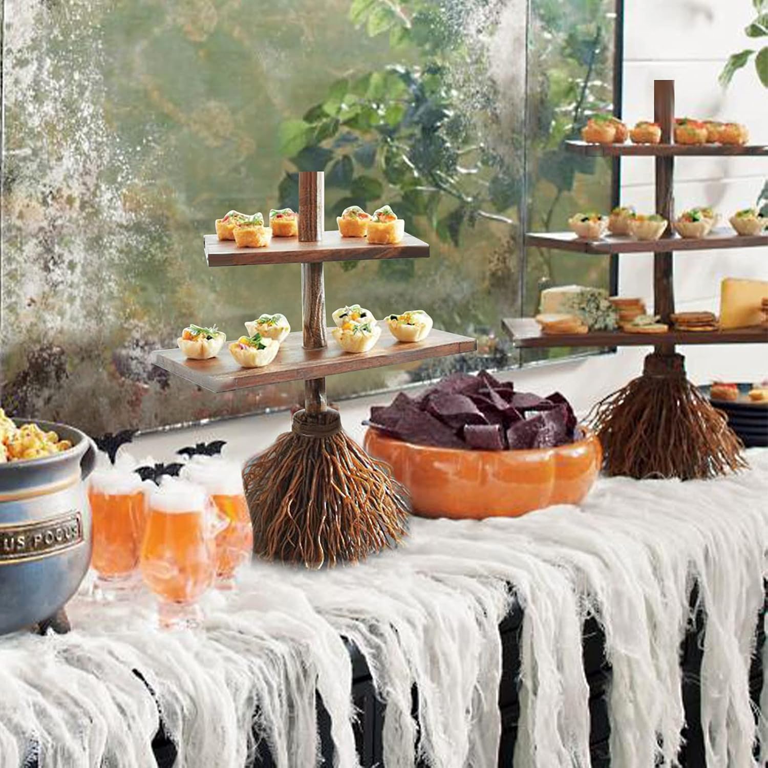 Halloween Witch Hat Snack Bowl Shelf, Broomstick Snack Bowl Stand with Removable Basket Organizer, Decoration Device for Halloween Family Party (D-3 tiers) : Home & Kitchen