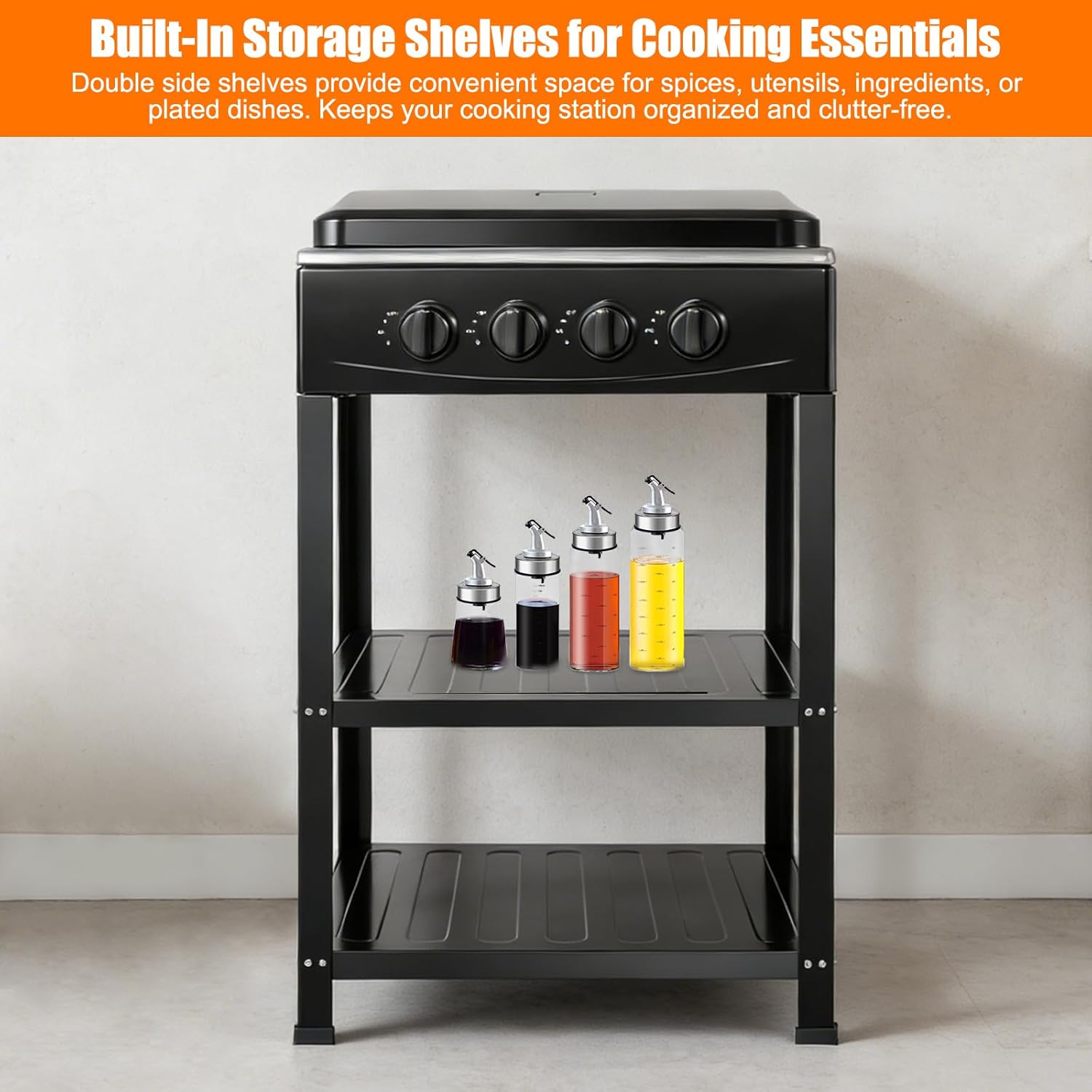 Countertop Natural Gas Stove 4 Burner, Kitchen Cooking Stove Set with Adjustable Fire Control & Cover, Free Standing 2-Tier Storage Rack for Apartments Outdoor Rvs