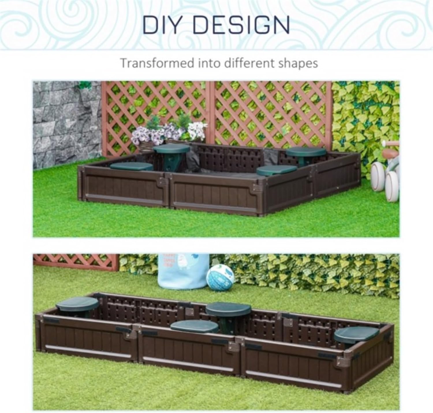 Children's Sandbox, Square Sandbox, 4 Semicircular Seat Plates, Oxford Cloth Cover, Polished Smooth Surface, Made of High-Density Polyethylene, Suitable for Children Aged 3-12, Chocolate Brown