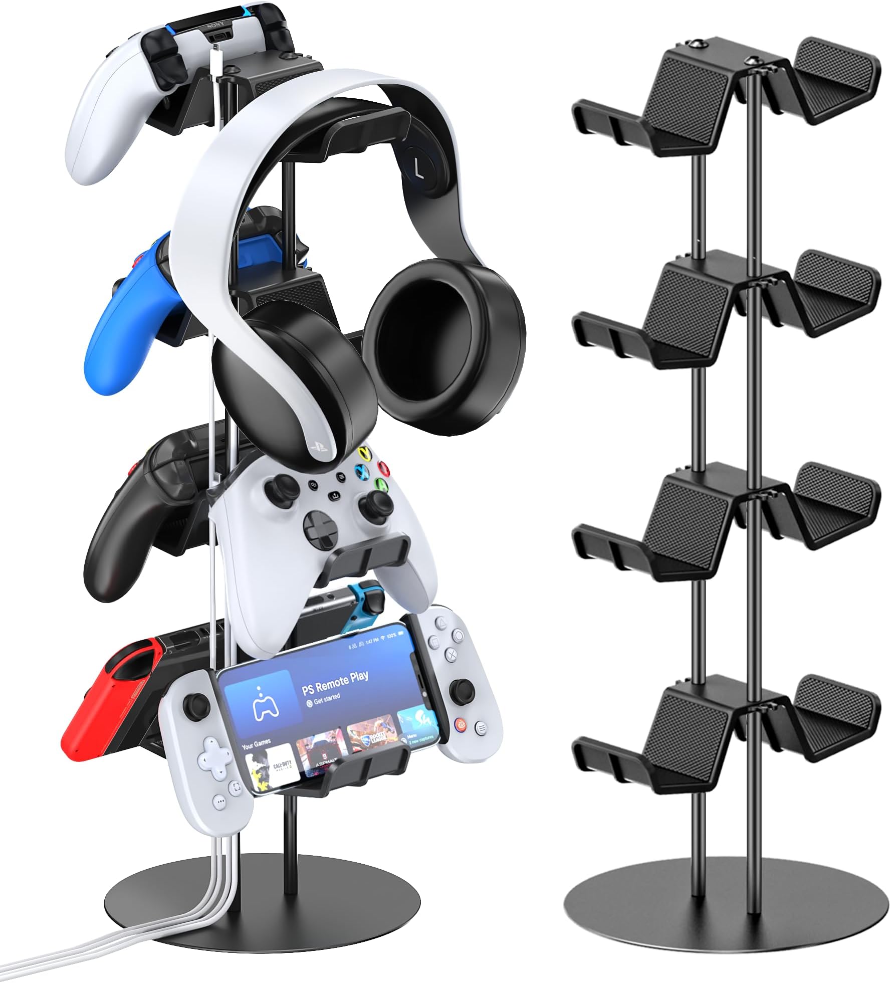 Kytok 4-Tier Controller Stand With Cable Organizer for Desk - Universal Display Compatible With Xbox, PS5, PS4, Nintendo Switch - Headset Holder & Desk Mounts for 8 Controllers