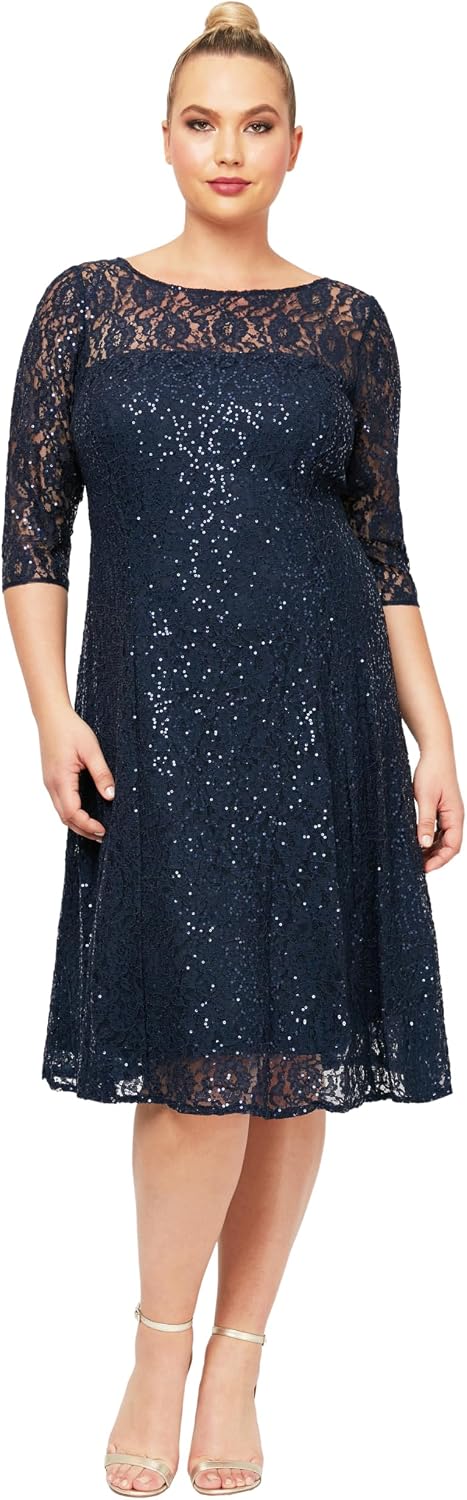 S.L. Fashions Women's Plus Size Lace and Sequin Fit and Flare Dress