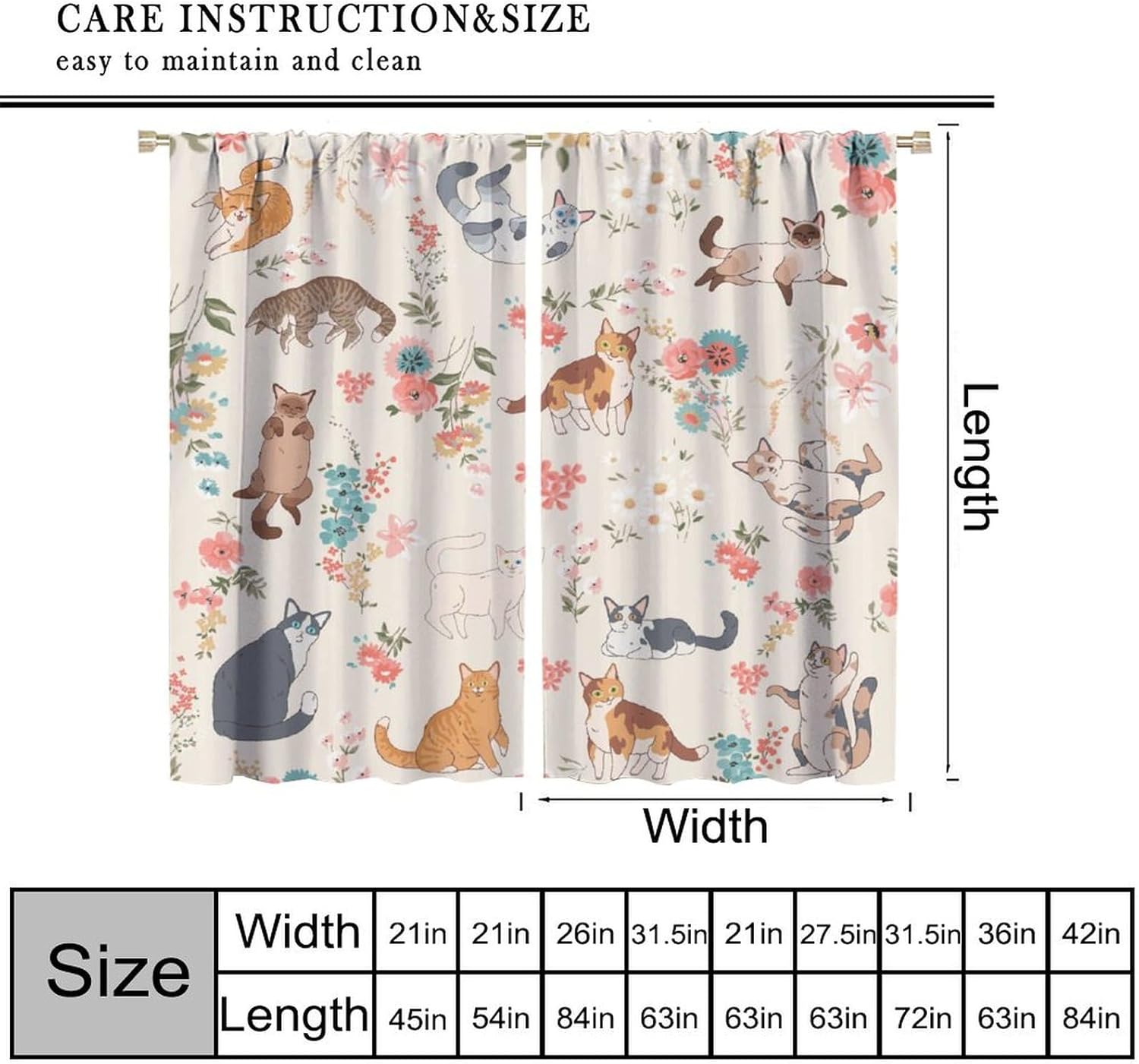 Cat Decor Curtains for Windows, Cute Funny Kawaii Floral Kitten Watercolor Colorful Flower Patterned Country Drapery for Home Kitchen Restaurant Decoration Window Drapes 2Panel 41"W X 53"L