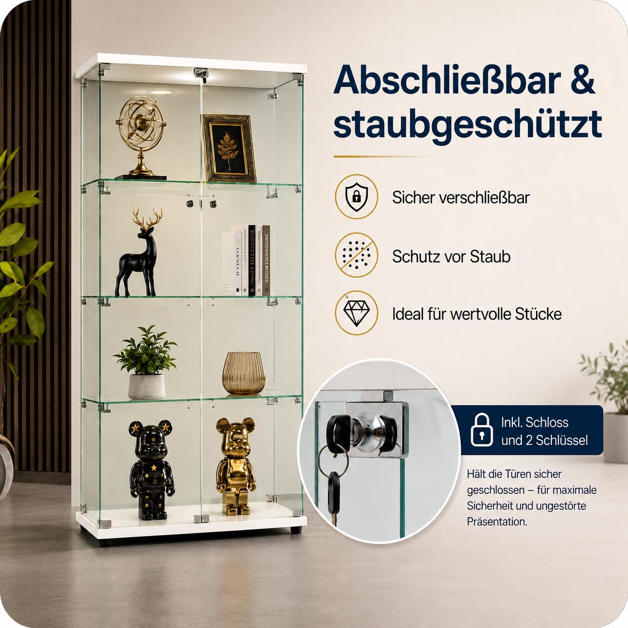 Glasvitrine Standvitrine mit Led, Sammlervitrine stehend mit 2 Glastüren abschließbar und 4 Böden Vitrinenschrank Transparente Vitrine Glas für Wohnzimmer Büro Sammlerstücke Bücher Wein (Weiß)
