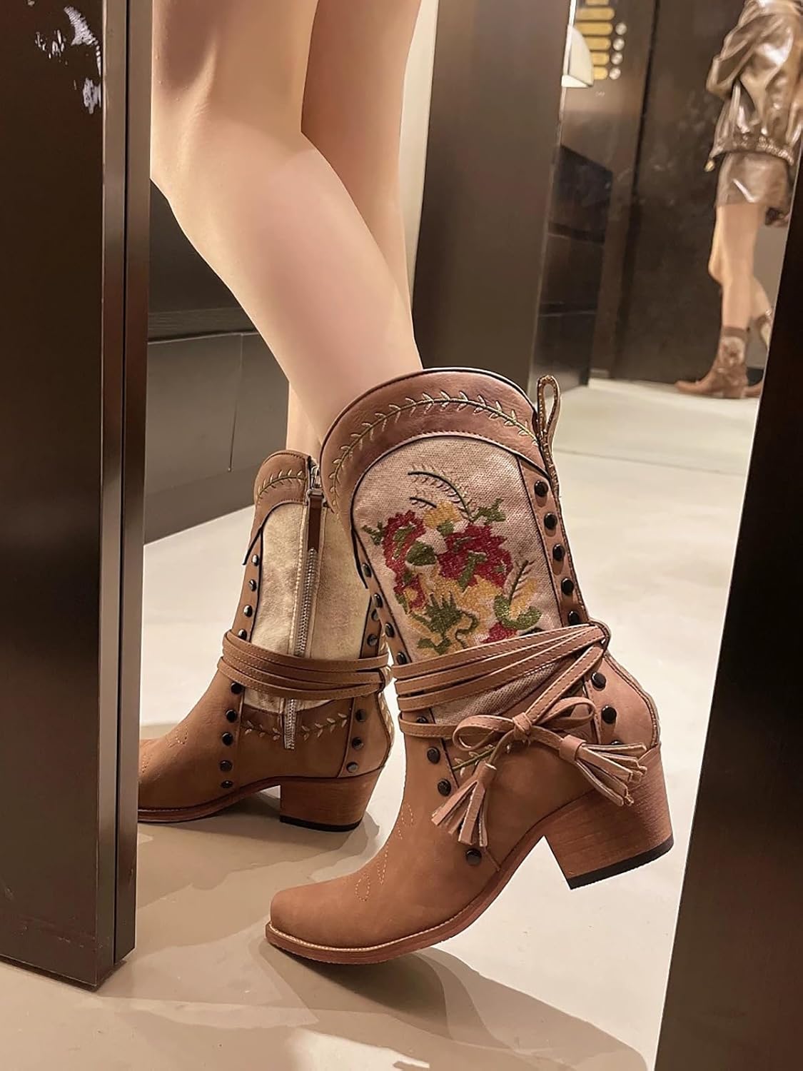 Rave Shoes Flora Cowgirl Ankle Boots for Women Girls Ravers - Cute Wide Mid Calf Embroidery Western Cowboy Booties with Platform Block Heel, Retro Slip On Pointed Toe Comfort Walking Heels