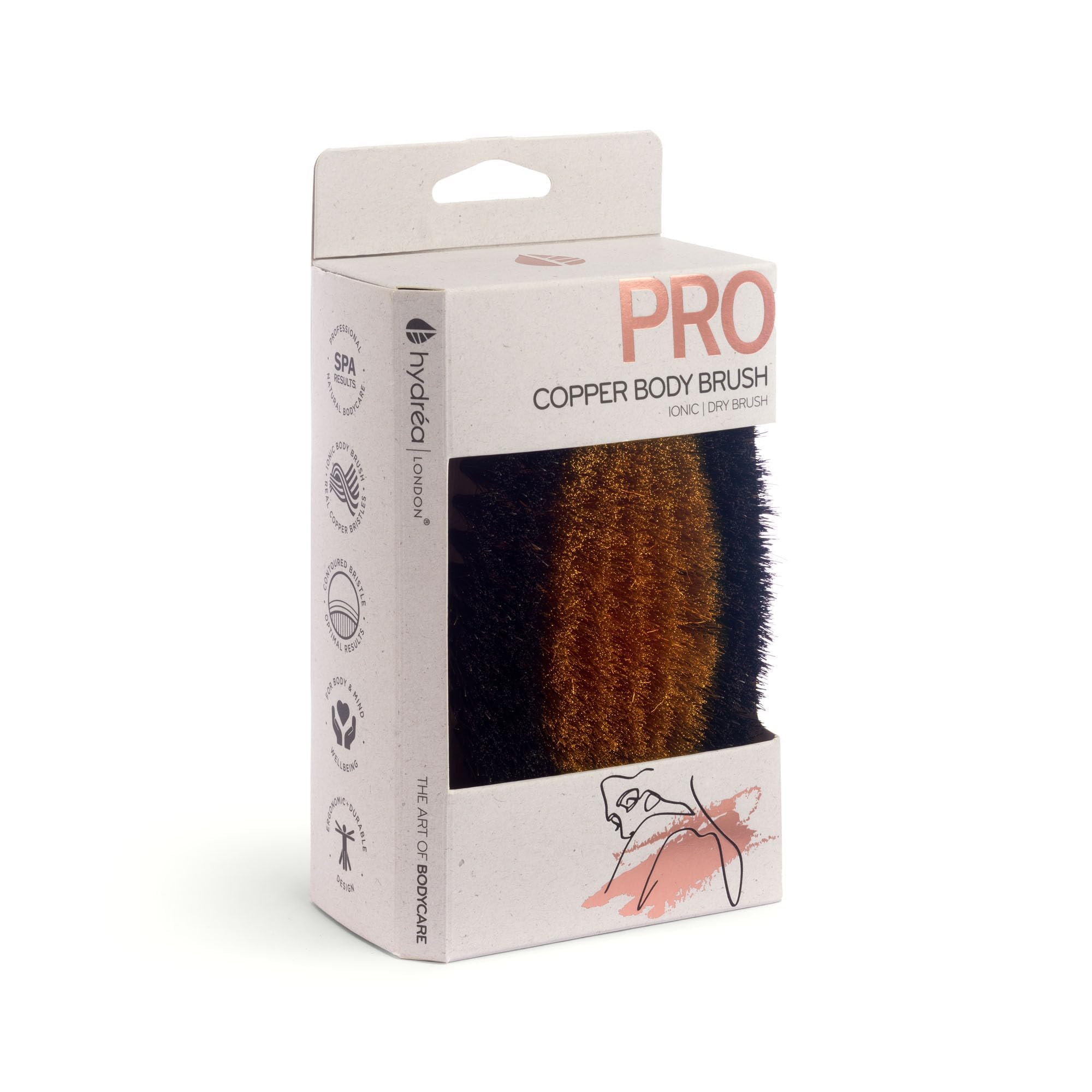 Hydrea London Ionic Copper Glow Dry Body Brush Spazzola esfoliante ed energizzante per la pelle con setole in rame, drenaggio linfatico, massaggio a secco, anticellulite