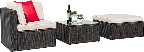 Miniatura 3 de Greesum Juego de 3 piezas de muebles de mimbre de ratán para patio, sofá al aire libre con cojines, almohadas y mesa de cristal para porche, césped