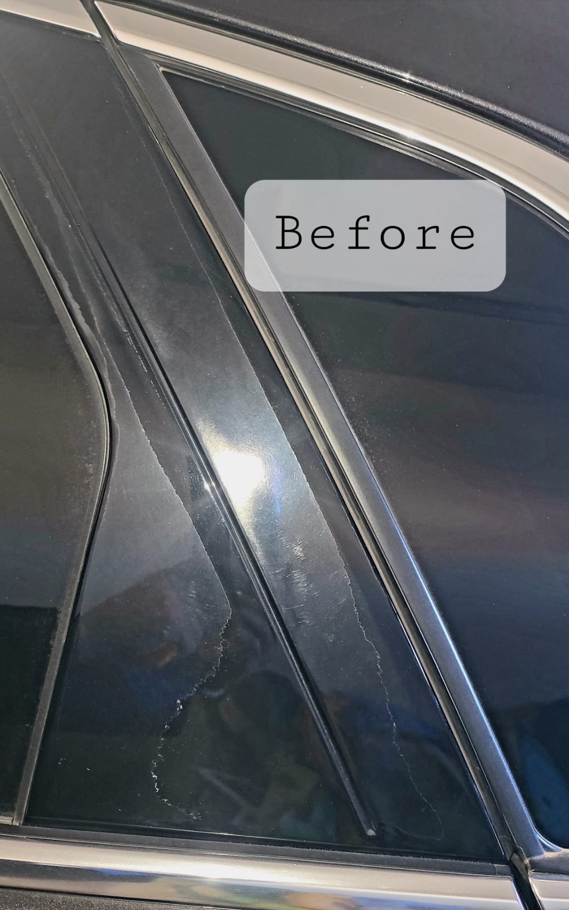 Before and after comparison of a car window pillar, showing sun damage and then a smooth vinyl wrap