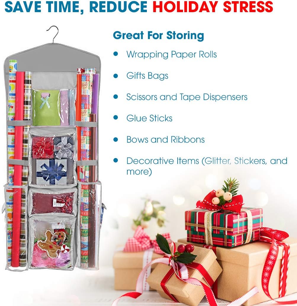 ProPik Hanging Double Sided Christmas Gift Wrapping Paper Storage Organizer With Multiple Pockets Organize Your Gift Wrap, Gift Bags Bows Ribbons 40"X17" Fits 40 Inch Rolls Clear PVC Bag 1 Unit (Grey)