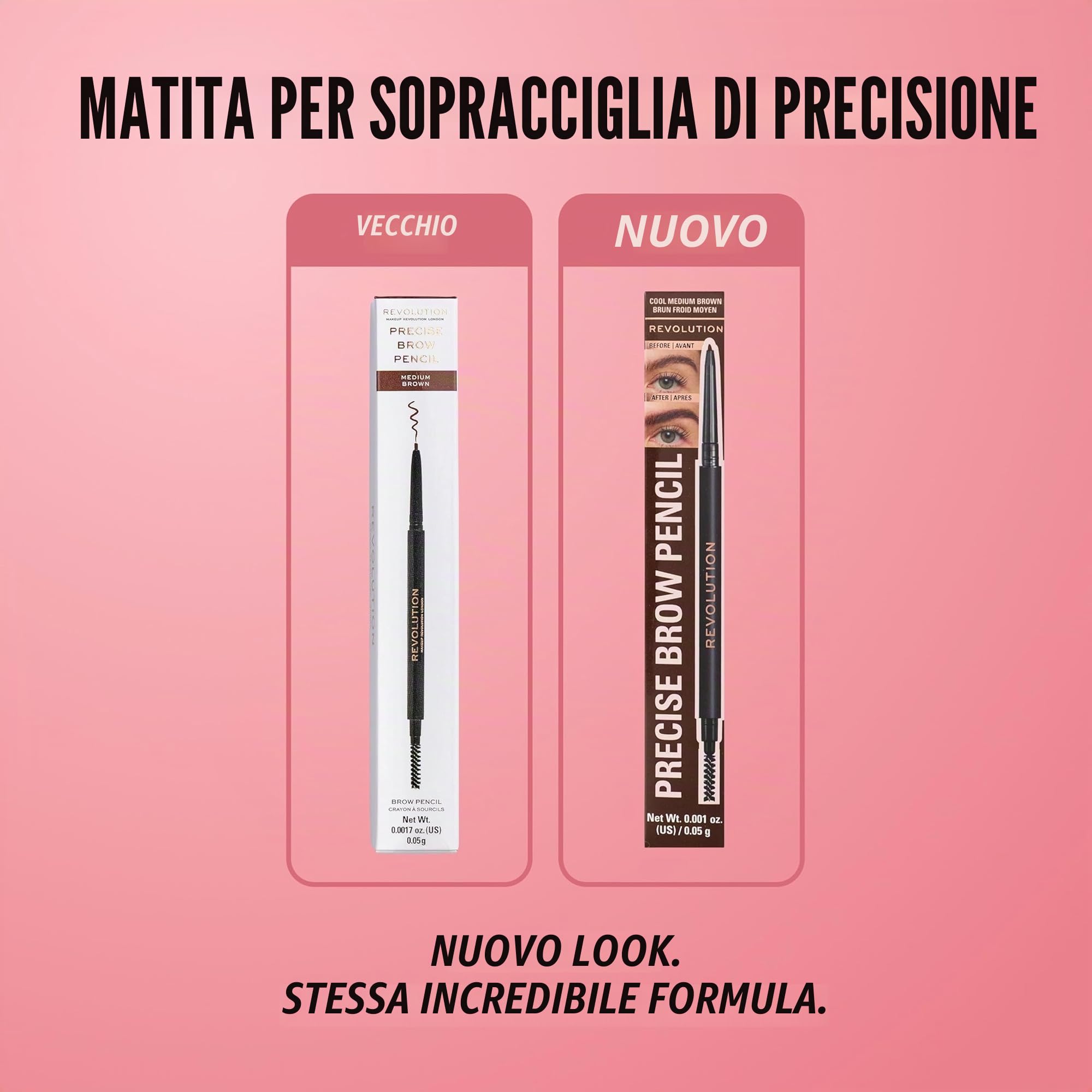 Makeup Revolution, Precise Brow Pencil, matita per sopracciglia a doppia estremità e pennello a rocchetto, punta fine, marrone medio, 9g