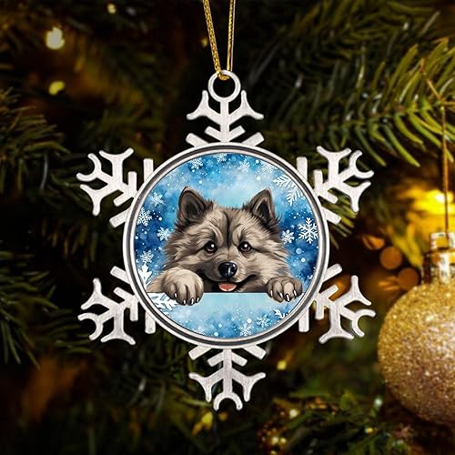 CowkissSign Keeshond Adornos para árbol de Navidad, adorno de copo de nieve de Navidad, Keeshond lindo y divertido perro que mira a perrito,