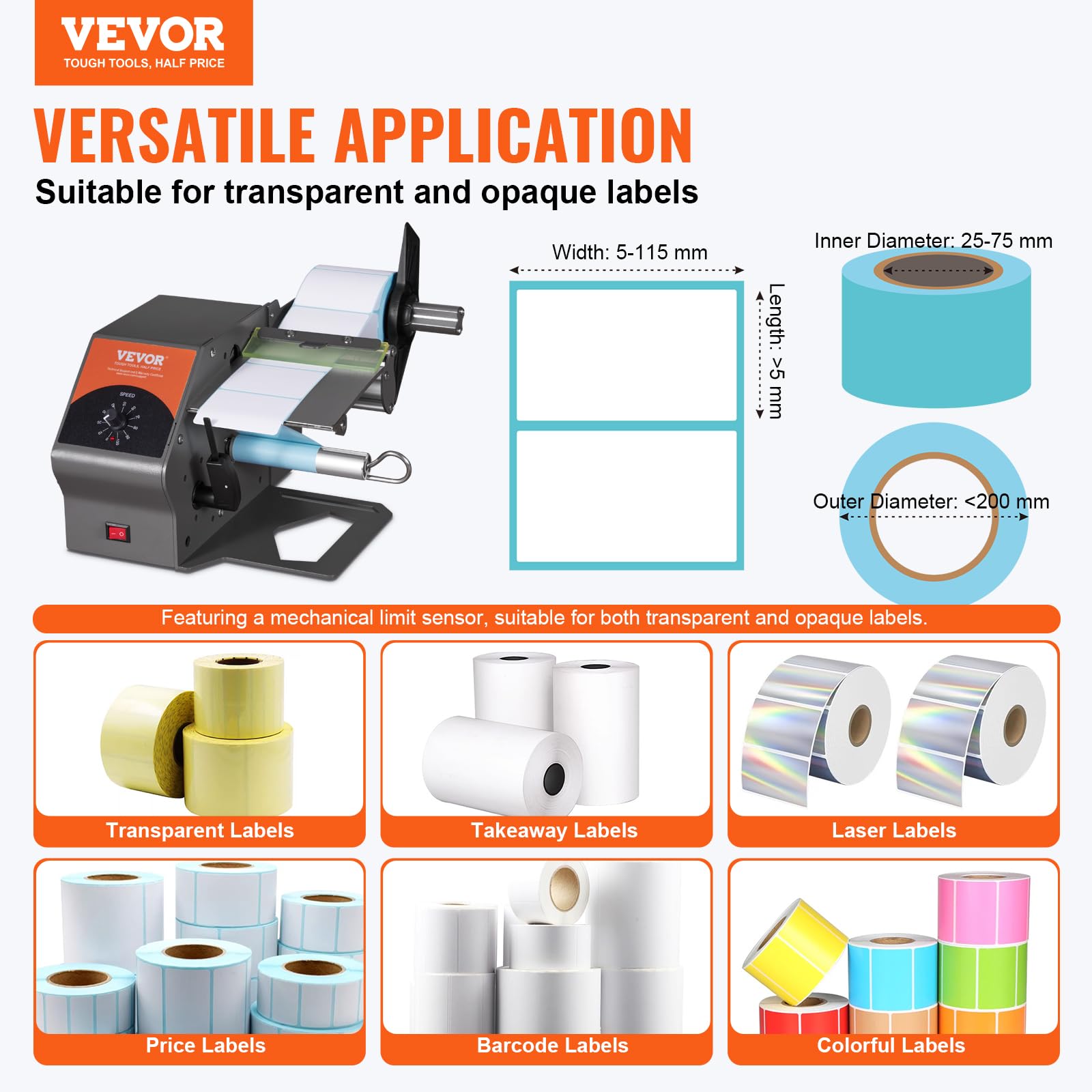 VEVOR Etichettatrice Semiautomatica, 20-50 Pezzi/min, Applicatore di Etichette, Etichettatrice Velocità Regolabile Larghezza Etichetta tra 5-115mm per Etichette Trasparente da Magazzino Supermercato
