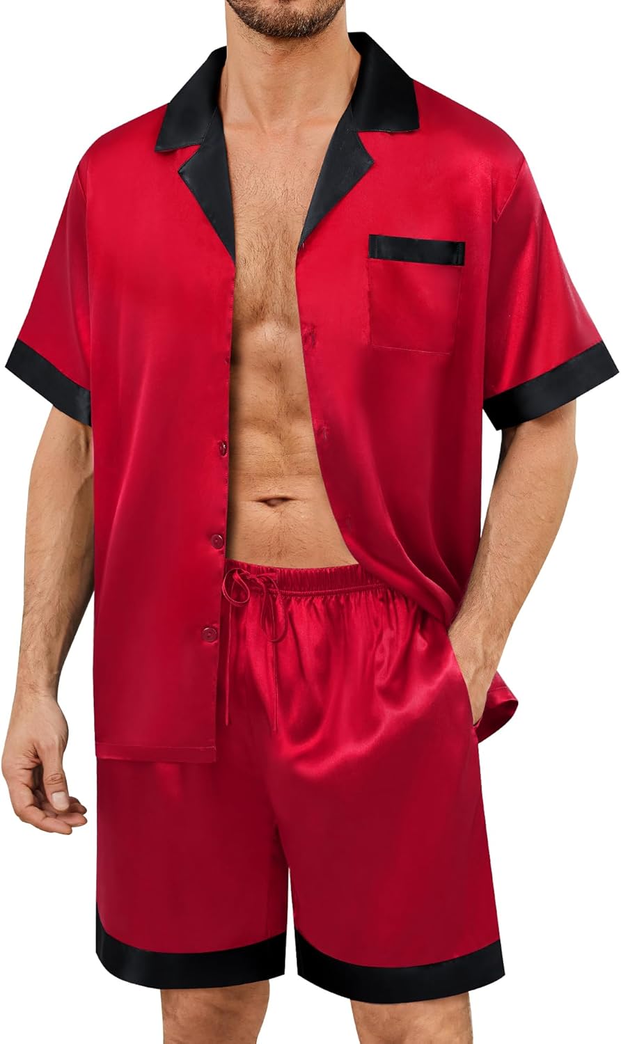 SWOMOG Mens Satin Pajamas Set Silk Pj Sets Short Sleeve Button Down 2 PCS Sleepwear with Drawstring & Pockets S-3XL