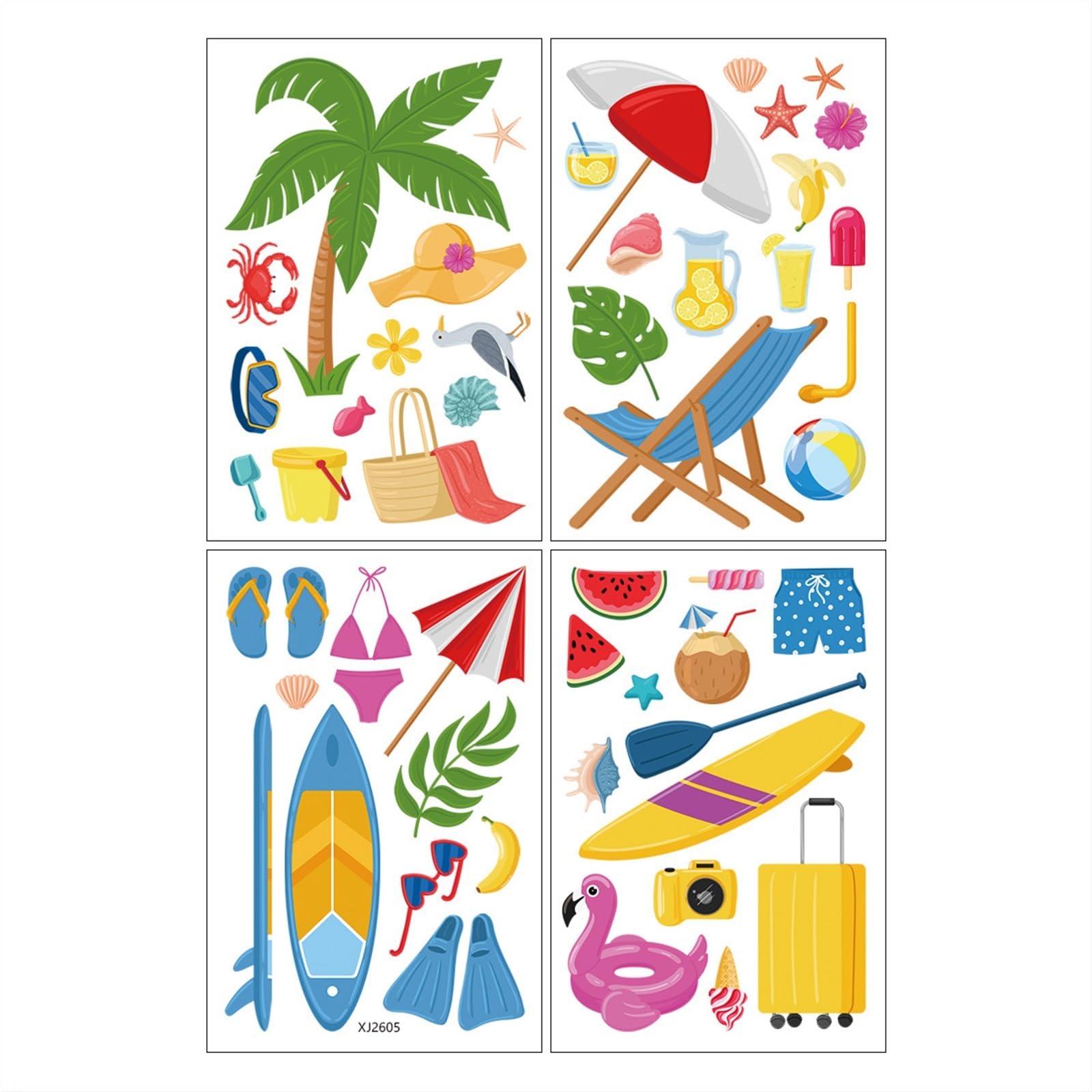 4 Sheets Summer Static Cling Beach Window Stickers - Decor for Shops and Walls