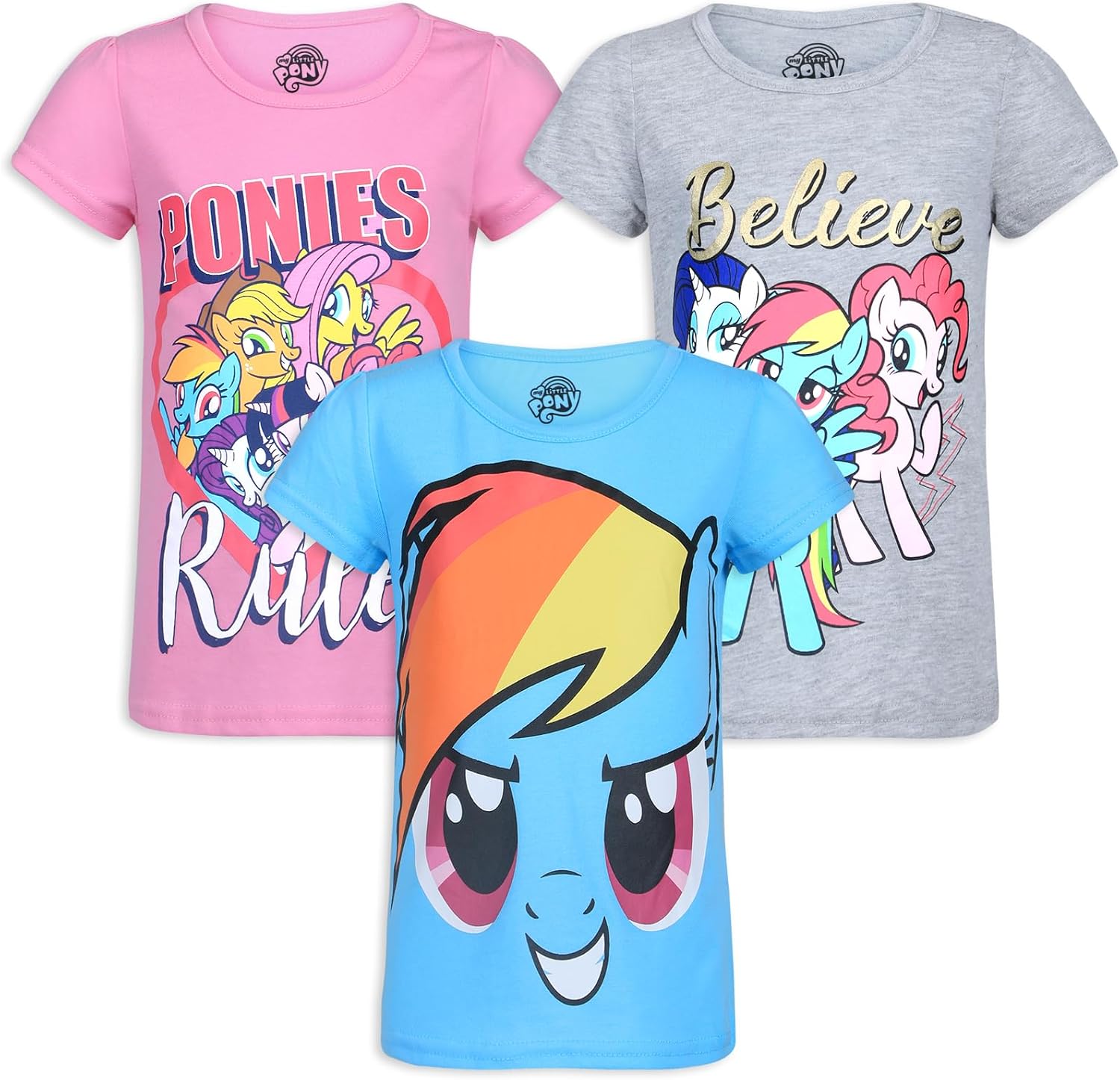 My Little Pony Hasbro Twilight Girls 3 Pack Short Sleeve T-Shirt for Toddler and Big Kids - GreyPinkBlue
