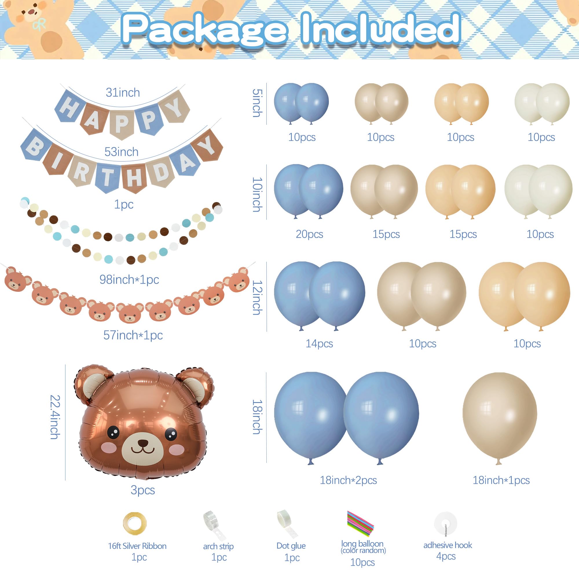 Kit de arco de globos de cumpleaños de oso para bebé, azul, caqui y marrón, decoración temática de oso